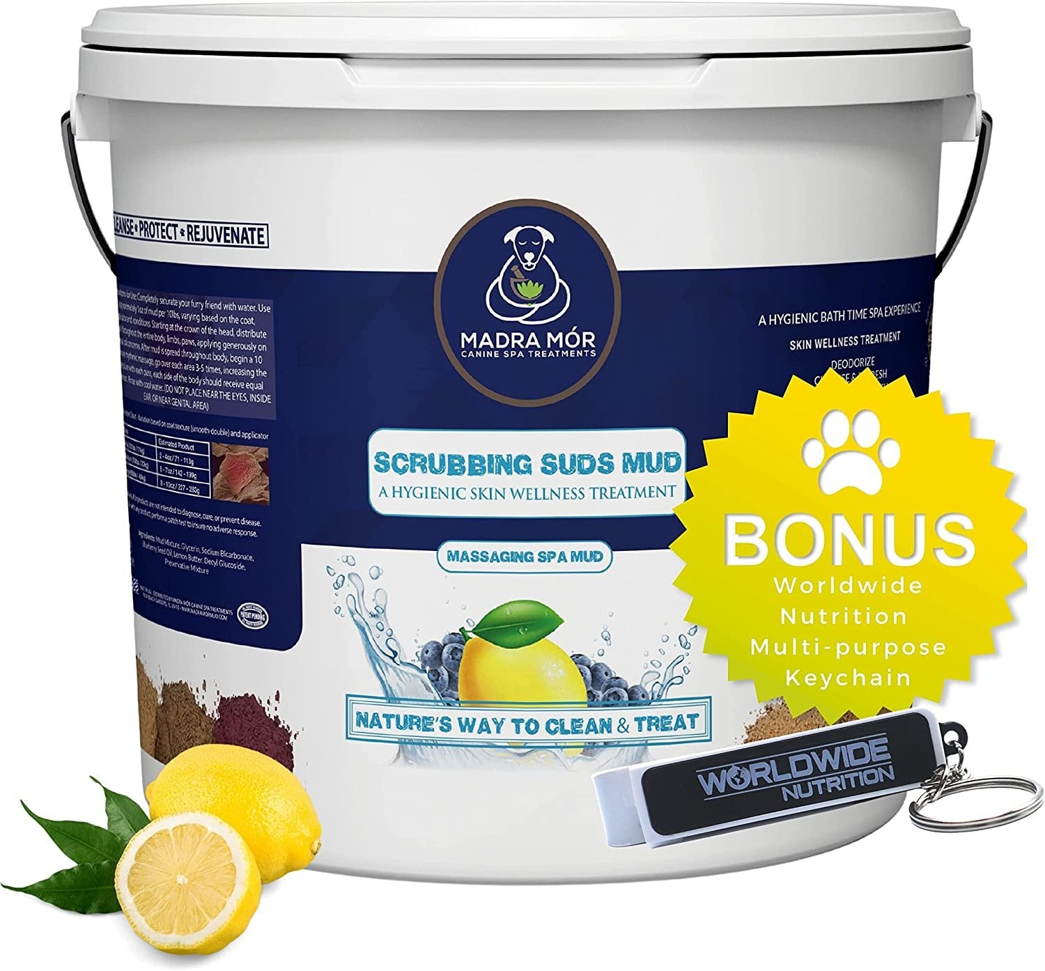 Madra Mor Scrubbing Suds Dog Essentials Spa Mud | Dog Bath for Dog Grooming | Dry Skin for Dogs Treatment | Dog Coat Skin Care Products | 7.5lb Pail w Worldwide Nutrition Multi Purpose Key Chain