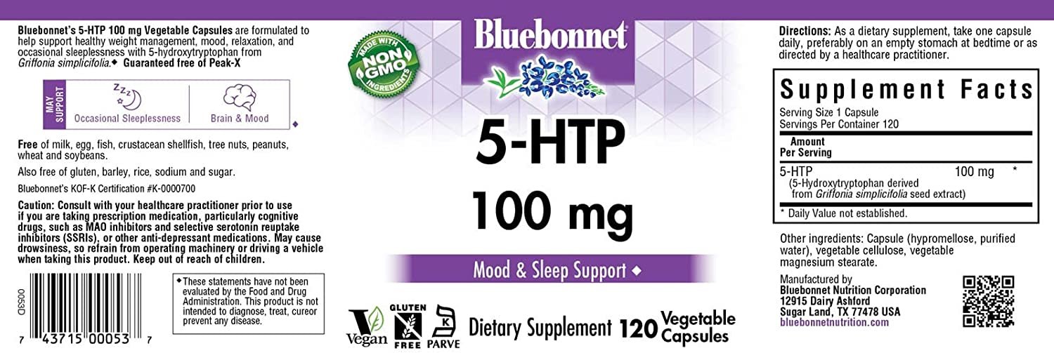 Bluebonnet Nutrition 5-HTP(Hydroxytrypophan) 100mg, for Neurotransmitter Support*, Supports Positive Mood*, Soy-Free, Gluten-Free, Non-GMO, Kosher Certified, Vegan, White,120 Vegetable Capsule