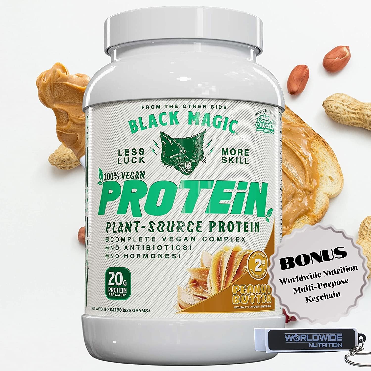 Peanut Butter Black Magic Multi-Source Protein - Whey, Egg, and Casein Complex with Enzymes & MCT Powder - Pre Workout and Post Workout - 24g Protein - 2 LB with Bonus Key Chain