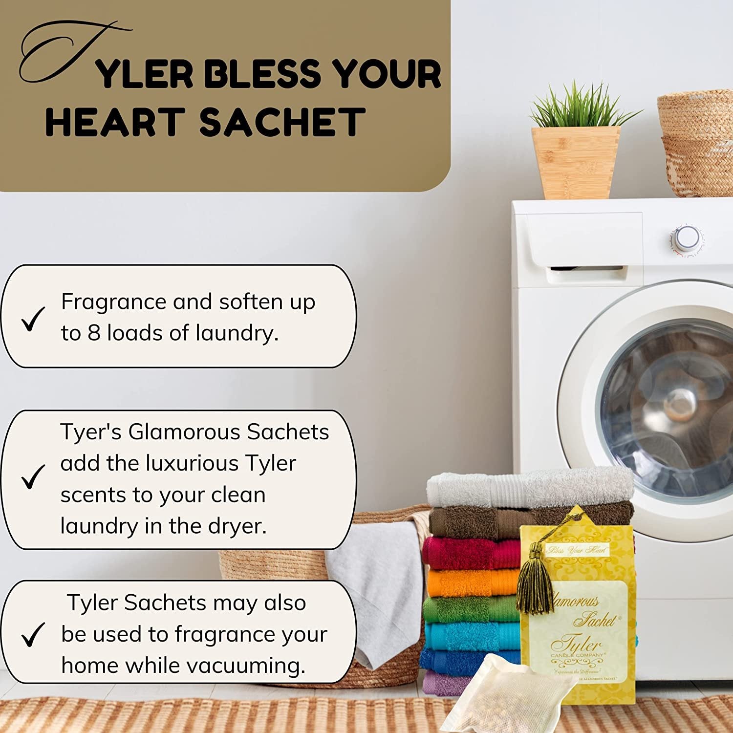Tyler Candle Company Bless Your Heart Dryer Sheet Sachets - Glamorous Reusable Dryer Sheets - Sachets for Drawers and Closets - 1 Pack, 4 Sachets, Dryer, Home, or Personal Sachet, with Bonus Key Chain