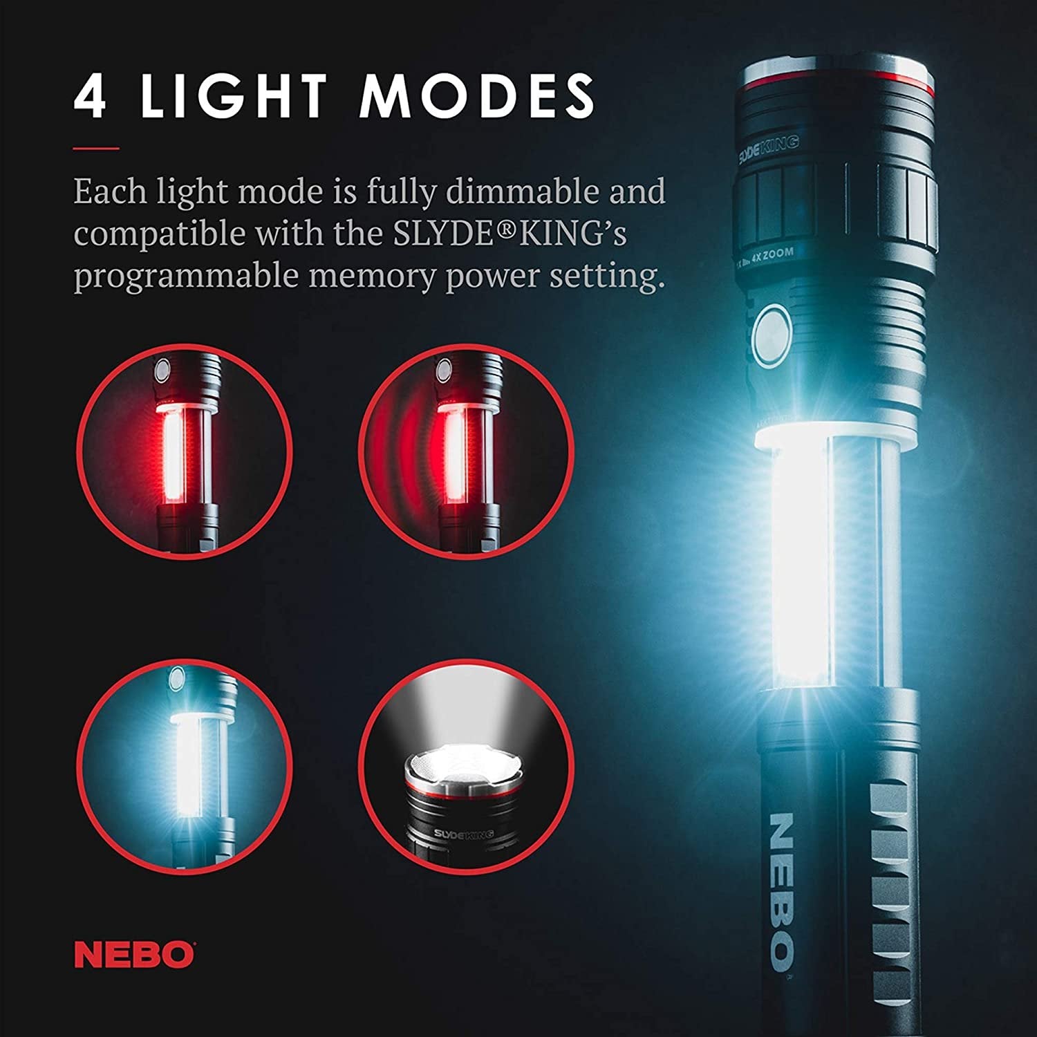 500 Lumen COB LED Work-Light and Flashlight, Red Light Mode and Red Flashing Light Mode, 4x Adjustable Zoom, Magnetic Base, No Need to Buy Batteries SLYDE KING is Rechargeable - NEBO 6726 Slyde King