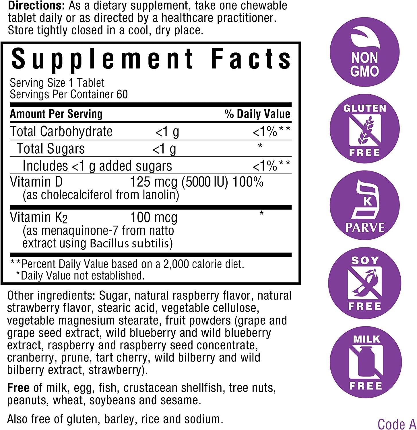 Bluebonnet Nutrition Vitamin D3 & K2 EarthSweet Chewable Tablets, for Immune, Mood & Heart Health*, Soy-Free, Gluten-Free, Non-GMO, Kosher Dairy, 60 Raspberry Flavor Chewable Tablets, 60 Servings
