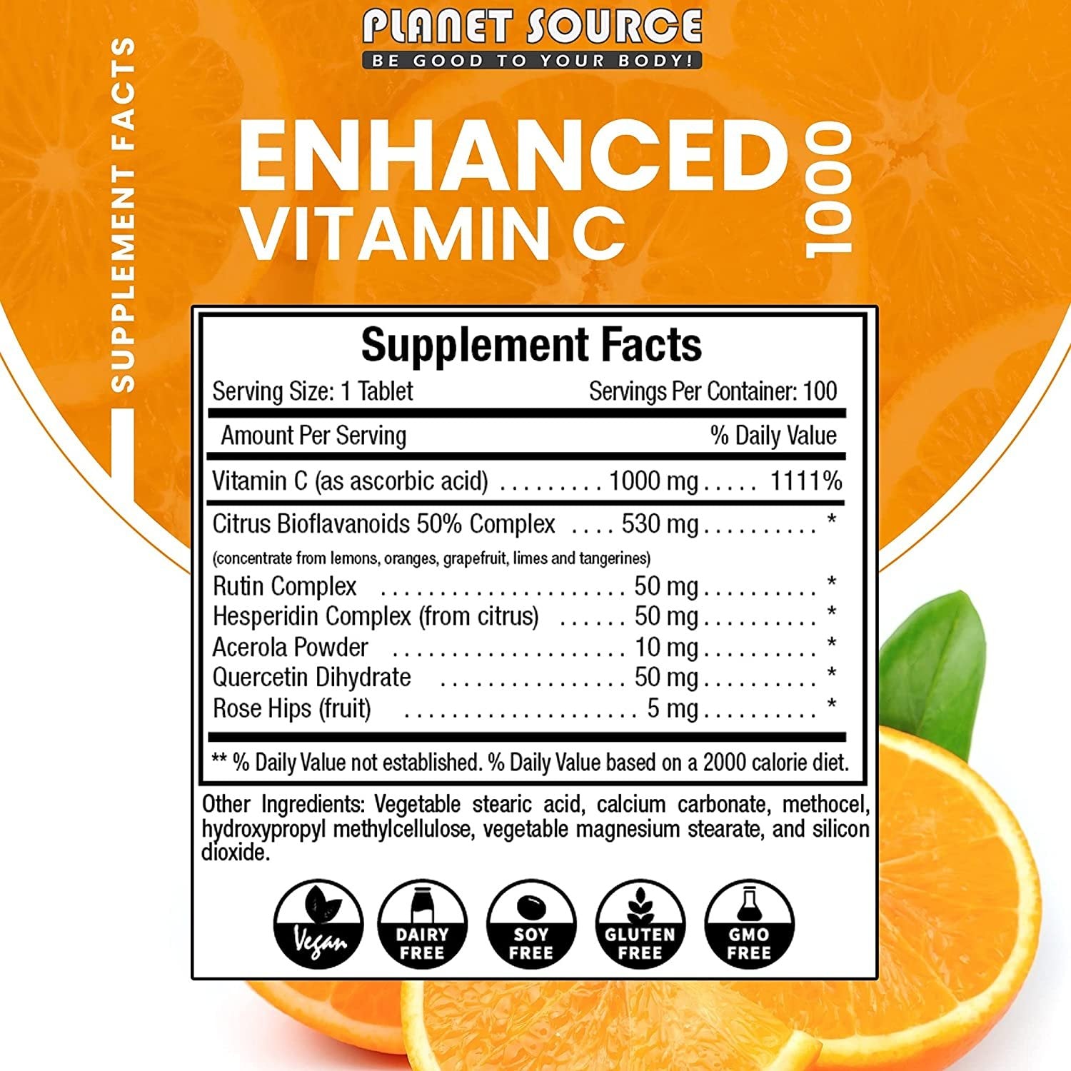 Enhanced Vitamin C 1000 mg -100 Coated Tablets - Natural, Acerola, Citrus Bioflavonoids, Rose Hips, Rutin, Quercetin & Hesperidin for Increased Absorption - Advanced Immune Support - Non-GMO