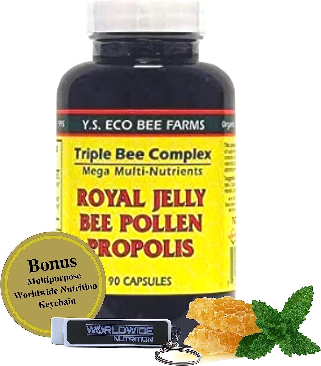 YS Organics Triple Bee Complex, Royal Jelly, Bee Pollen, Propolis - The Power of Nature Packed in 90 Capsules with Bonus worldwidenutrition Multi Purpose Key Chain