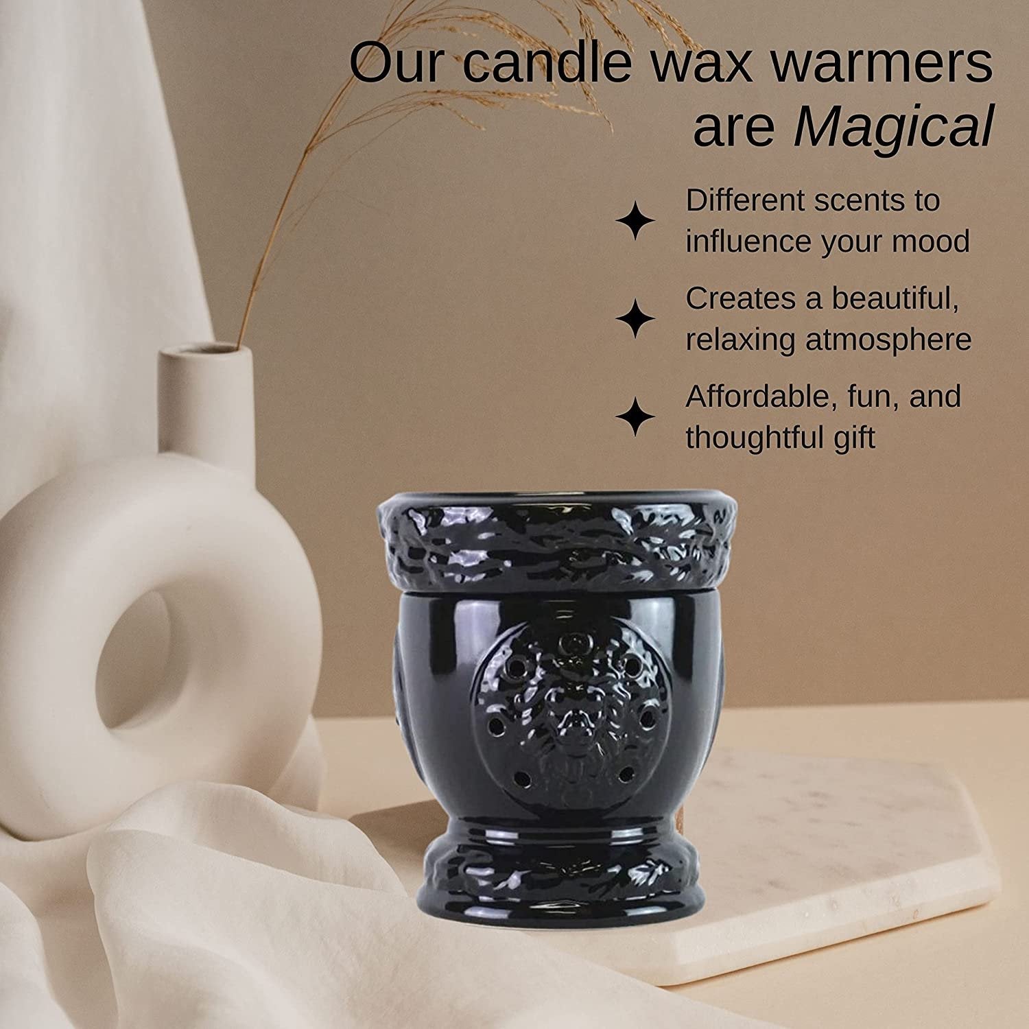 Tyler Candle Company Lionesque Gloss Black Fragrance Wax Warmer - Candle Wax Melt Warmer - Home Decor Candle Accessories with Included 6 Diva Scent Wax Melts - 5.5 x 5" in with Bonus Key Chain