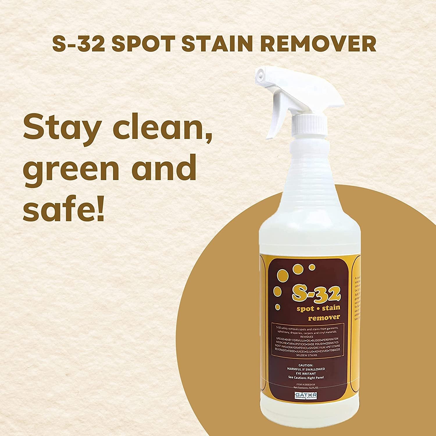 Gator Chemical Company S-32 Liquid Spot and Stain Remover - Multipurpose Cleaner for Laundry, Carpet & Upholstery - Professional Strength Stain Remover - 32 Fl Oz Spray Bottle with Bonus Key Chain