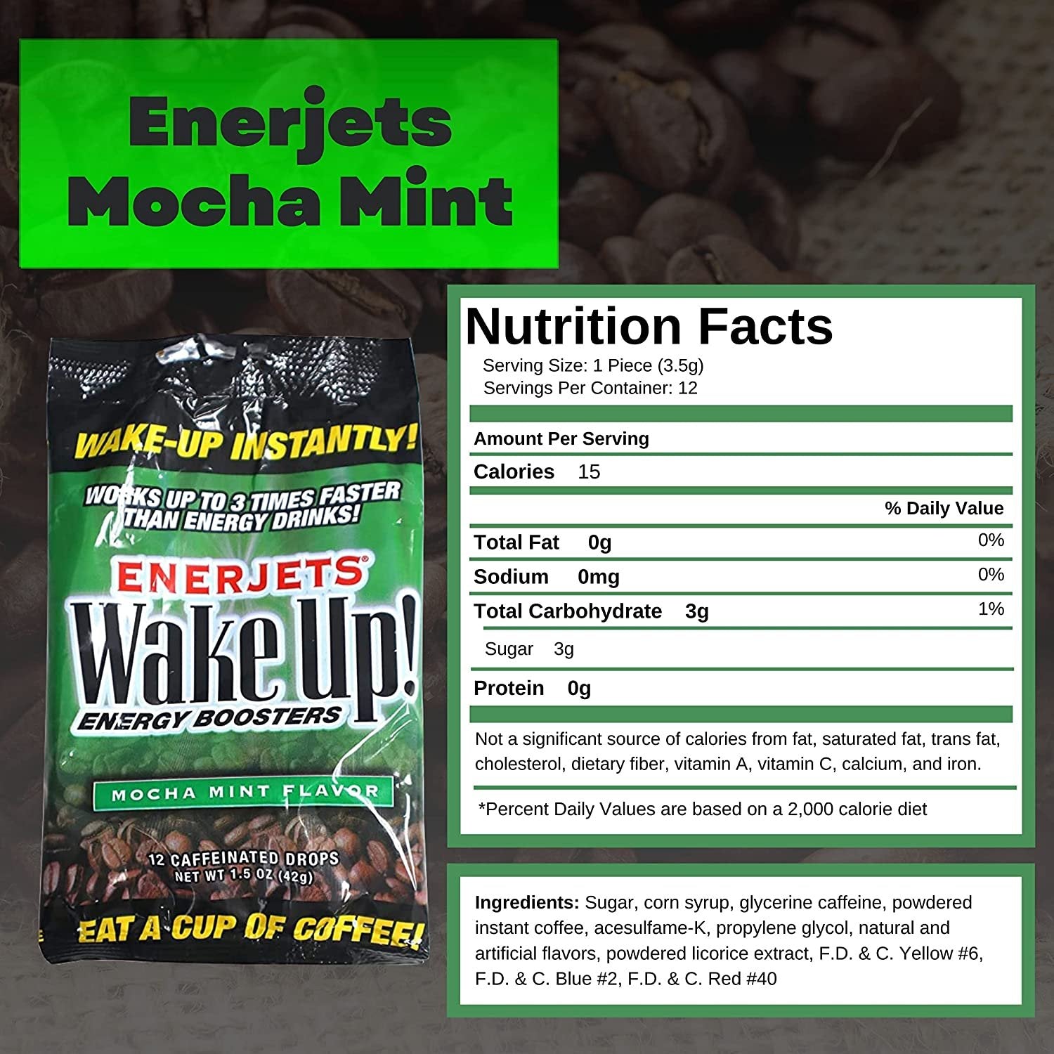 Enerjets Wake Up Energy Booster Caffeinated Drops - Instant Coffee Energy Supplements - Mocha Mint Flavor - Pack of 3, 12 Drops Per Package with Keychain