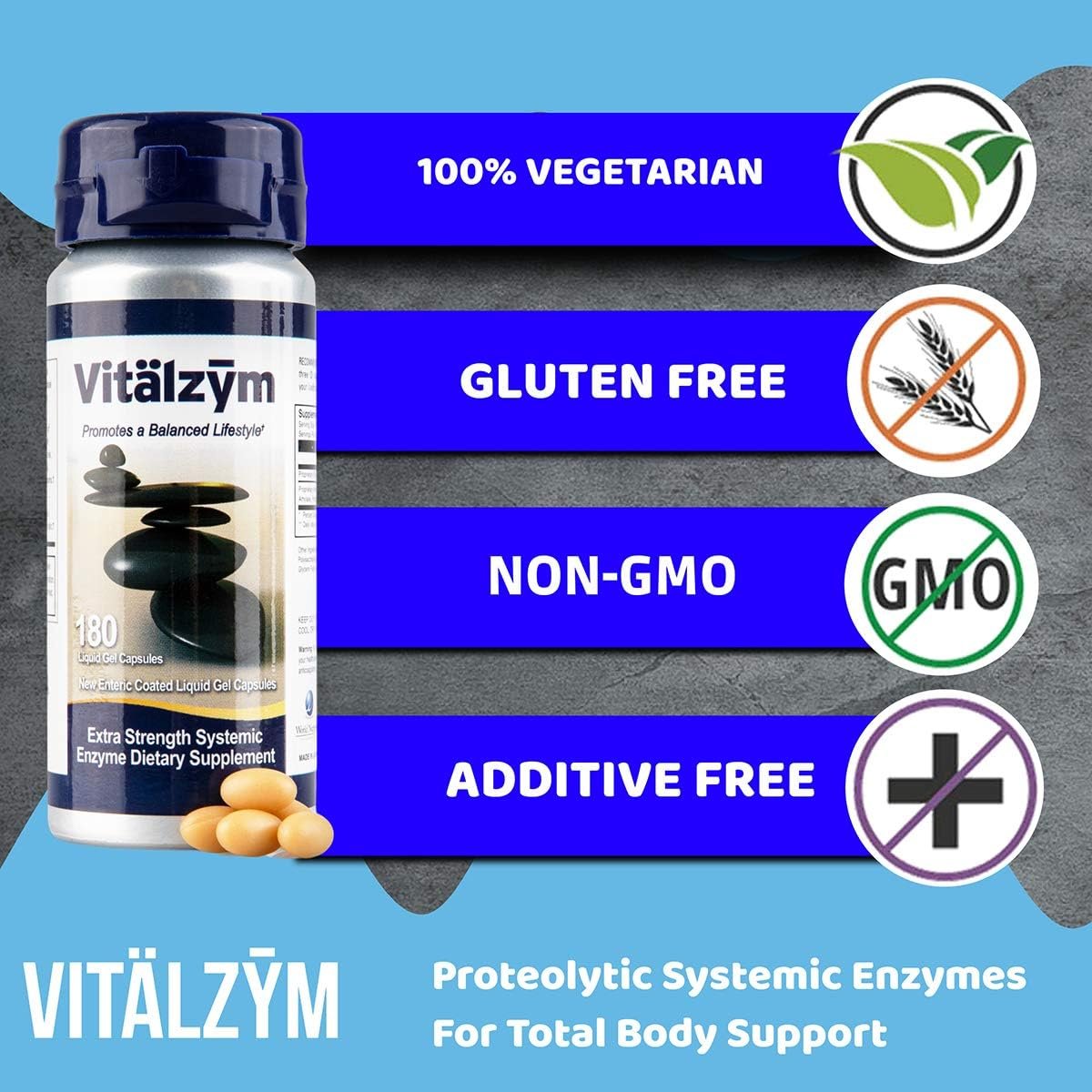 VITÄLZYM Proteolytic Systemic Enzymes Liquid Gel Capsules with Serrapeptase, Immune and Joint Support, Natural Ache Relief Plus Fertility Supplement (180 Capsules)