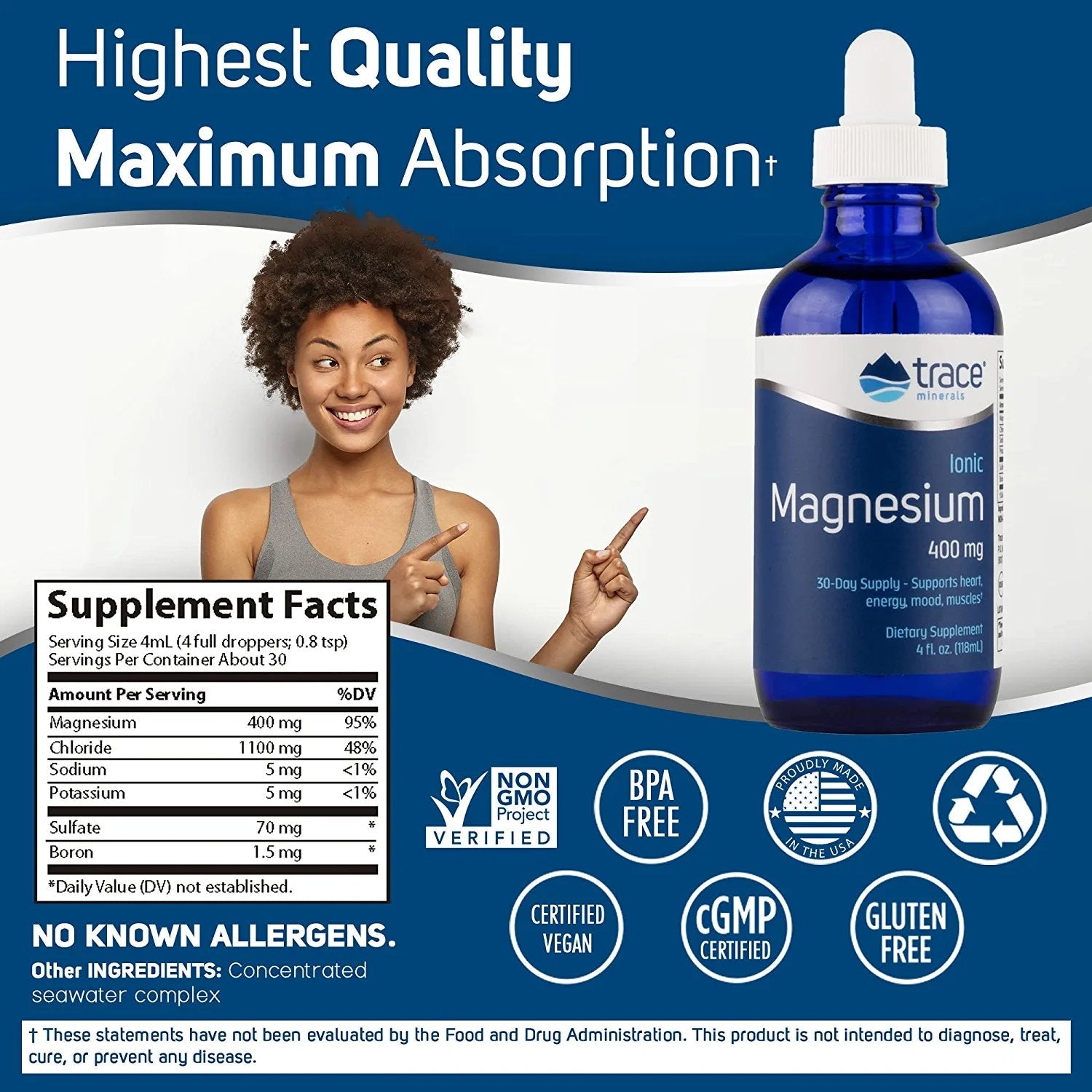 Trace Minerals | Liquid Ionic Magnesium 400 mg | Supports Normal Blood Pressure, Heart Health, Calm Mood, Sleep, Energy, Relief from Muscle Cramps, Spasms | 4 fl oz - Pack of 2 (64 Servings)