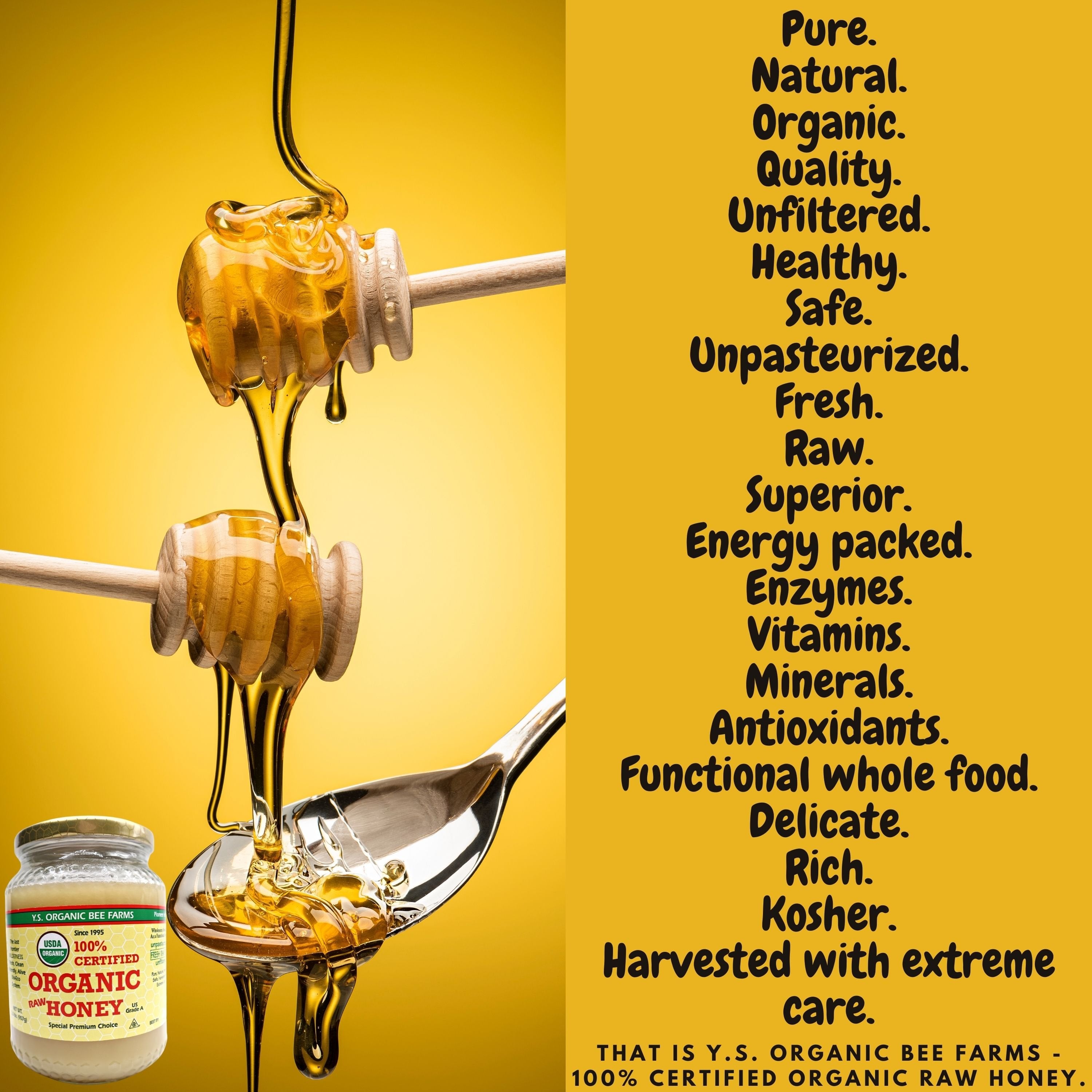 Y.S. Organic Bee Farms, 100% Certified Y.S. Organic Raw Honey, Unpasteurized, Unfiltered, Fresh Raw State, Kosher, Pure, Natural, Healthy, Safe, Gluten Free, Harvested with Extreme Care, 2 Lb