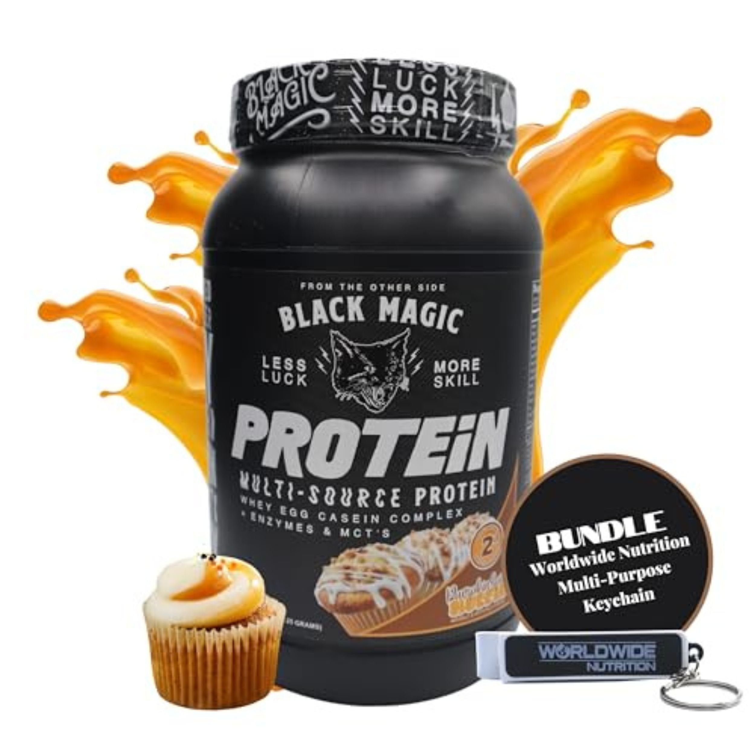 Black Magic Multi Source Protein Powder Whey, Egg Albumin Enzymes, Micellar Casein & MCTs - 2 Pounds Pumpkin Spice Muffin Flavor and Multi-Purpose Keychain