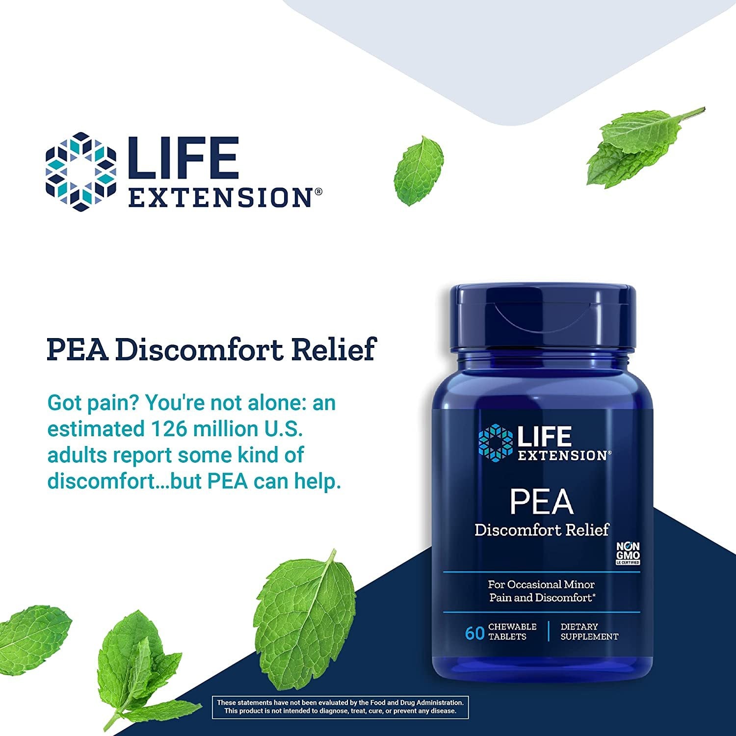 Life Extension Pea Discomfort Relief (Berry Flavor) for Occasional Minor Pain & Discomfort – Palmitoylethanolamide Supplement Pills - Gluten-Free, Non-GMO, Vegetarian – 60 Chewable Tablets