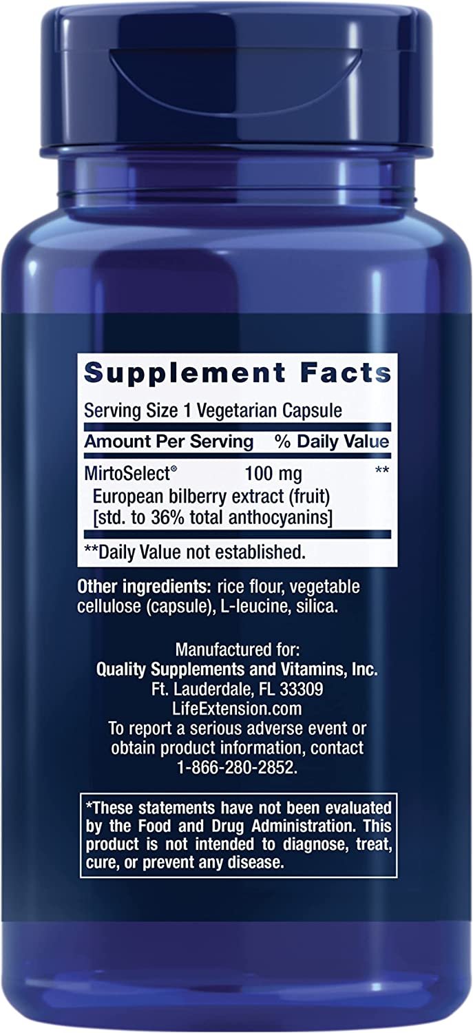 Life Extension Standardized European Bilberry Extract 100 mg – Vaccinium Myrtillus Supplement Pills for Eye and Ocular Health Support – Gluten-Free, Non-GMO, Vegetarian – 90 Capsules