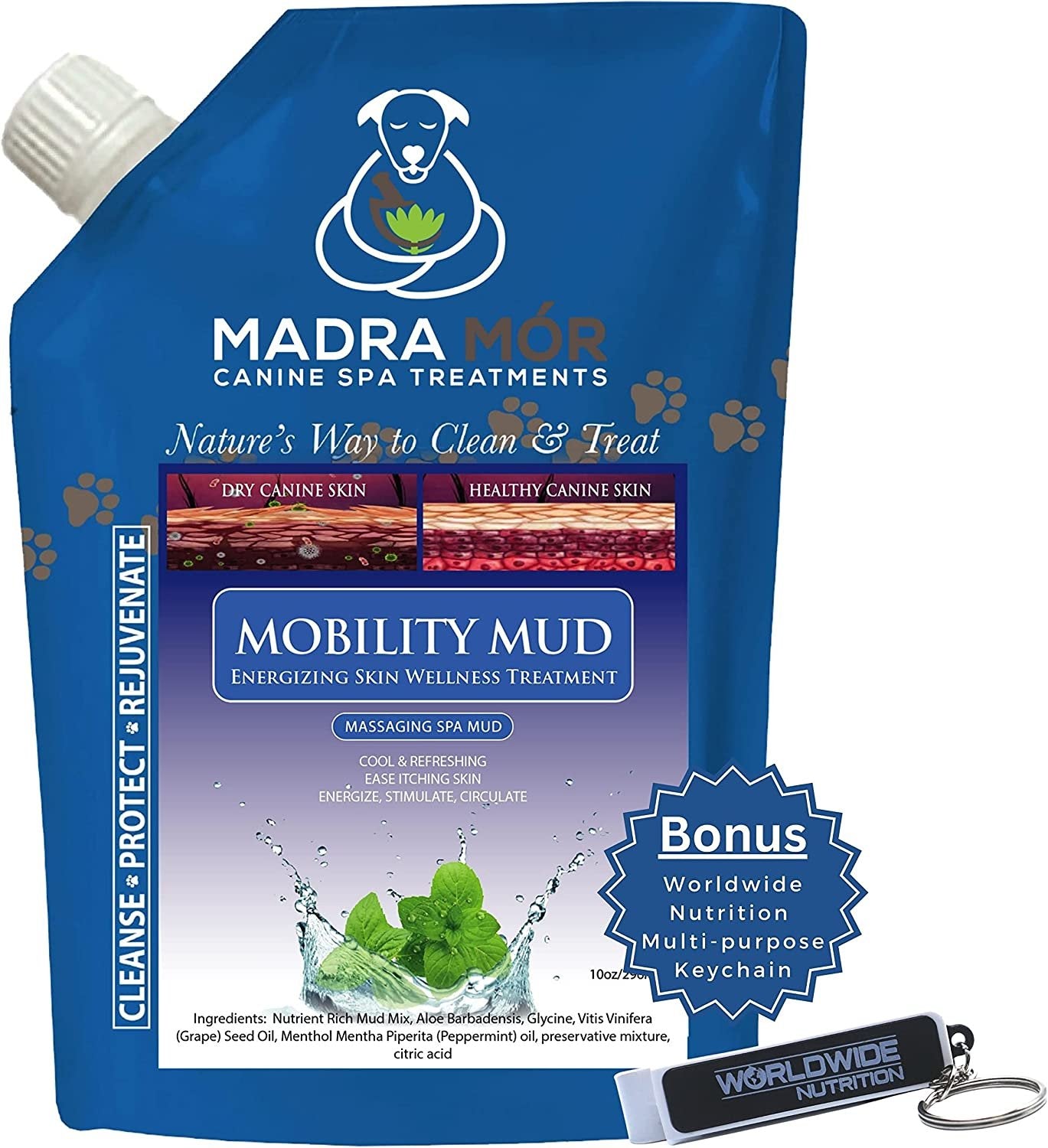 Madra Mor Mobility Dog Essentials Mud Bath | Dog Bath Spa Treatment for Dog Arthritis Pain Relief | Anti Itch Dog Bath for Dog Coat | Dogs Wash for Dog Grooming | 10oz Pouch w Multi Purpose Key Chain