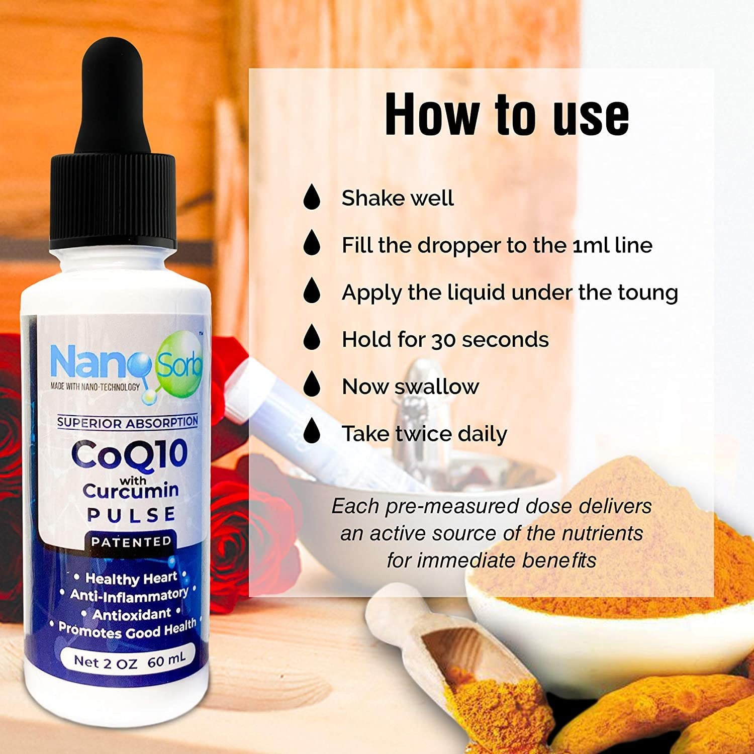 NanoCorHealth Pulse CoQ10 with Curcumin Supplement - Support Heart Health, Cardiovascular Wellness with Liquid Coenzyme Q10 - Sublingual Energy Booster Antioxidant Complex with L-Carnitine - 2oz, 60ml