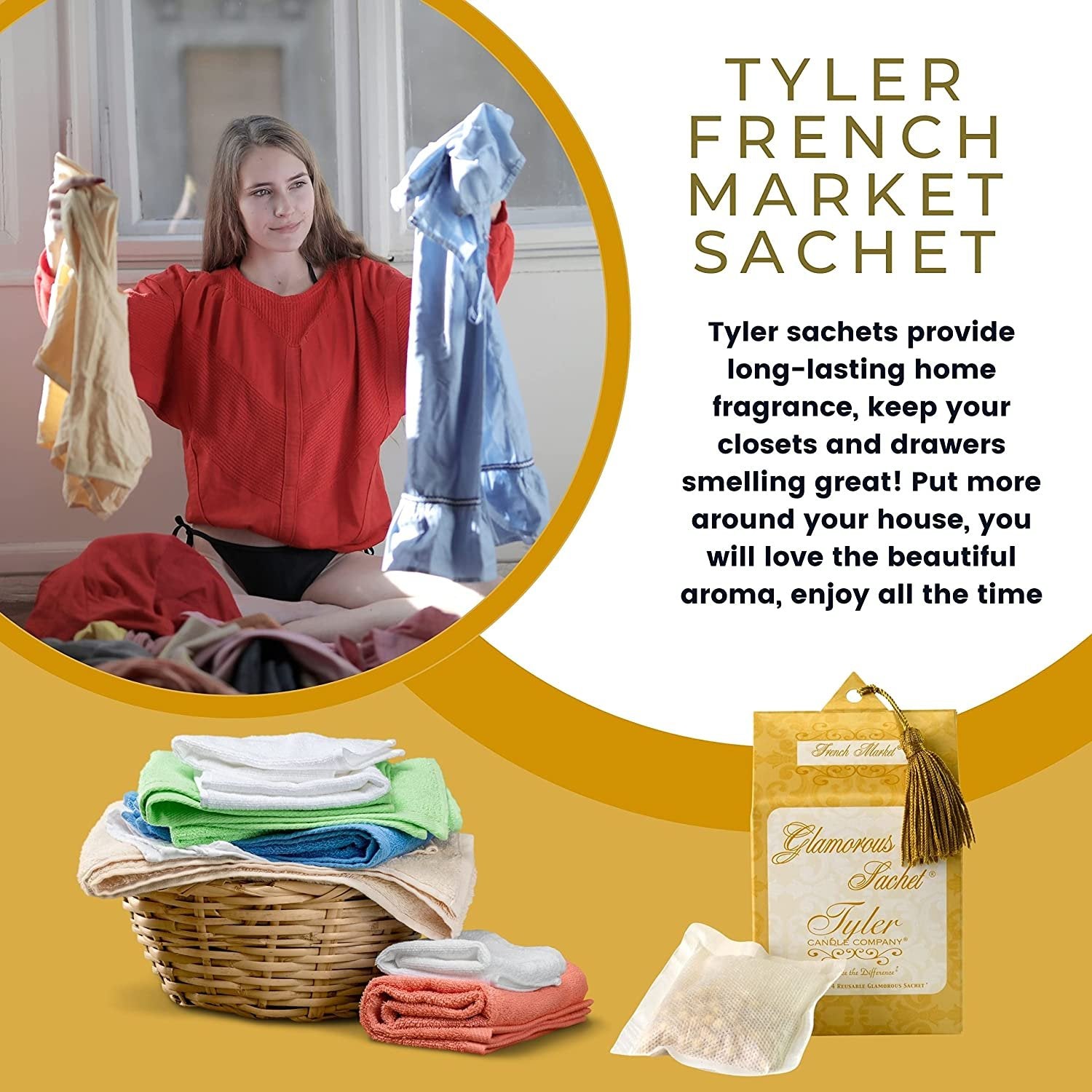 Tyler Candle Company French Market Dryer Sheet Sachets - Glamorous Reusable Dryer Sheets - Sachets for Drawers and Closets - 2 Pack of 4 Sachets, Dryer, Home, or Personal Sachet, with Bonus Key Chain