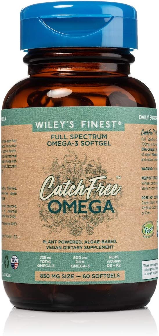Wiley's Finest CatchFree Vegan Omega 3 Supplement, Organic Plant-Based Algae Oil DHA + EPA Fatty Acids, Fish Oil Alternative, Supports Heart, Brain, Joint Health, Vegetarian, Non-GMO, 60 Softgels