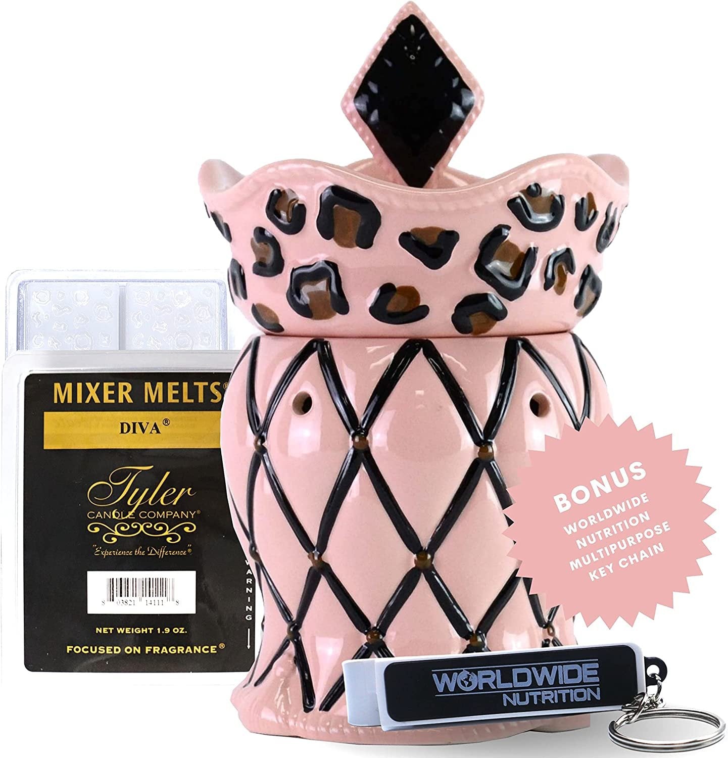 Tyler Candle Company Diva Candle Wax Melt Warmer - Home Decor Candle Accessories with Included 6 Wax Melts - Chained Leopard Pink Fragrance Wax Warmer - 5.5 x 5" in with Bonus Key Chain