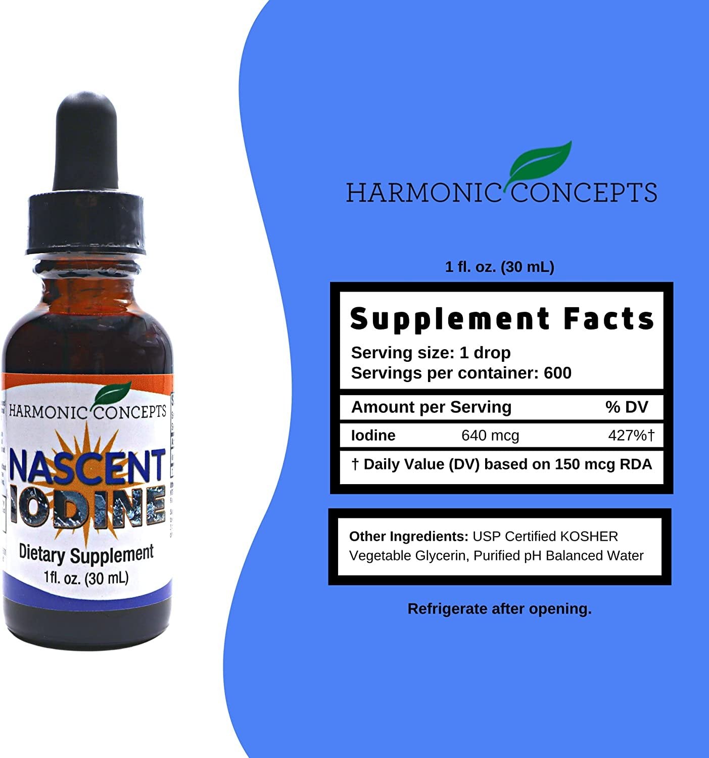 Harmonic Concepts Nascent Iodine Liquid Supplement - Thyroid Support, Detox Cleanse, Mental Clarity, and Immune Support Iodine Solution with Superior Absorption - 1 Fl Oz (30 mL) Liquid Iodine Drops