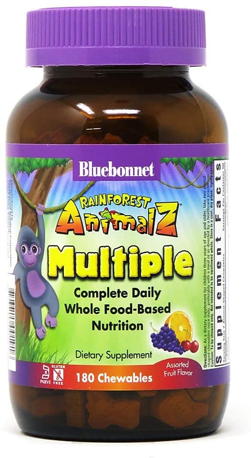 Bluebonnet Nutrition Rainforest Animalz Whole Food Based Multiple Chewable Tablet, Kids Multivitamin & Mineral, Vitamin C, D3, Iron, Gluten Free, Milk Free, Kosher, 180 Chewable Tablets, Mixed Flavor