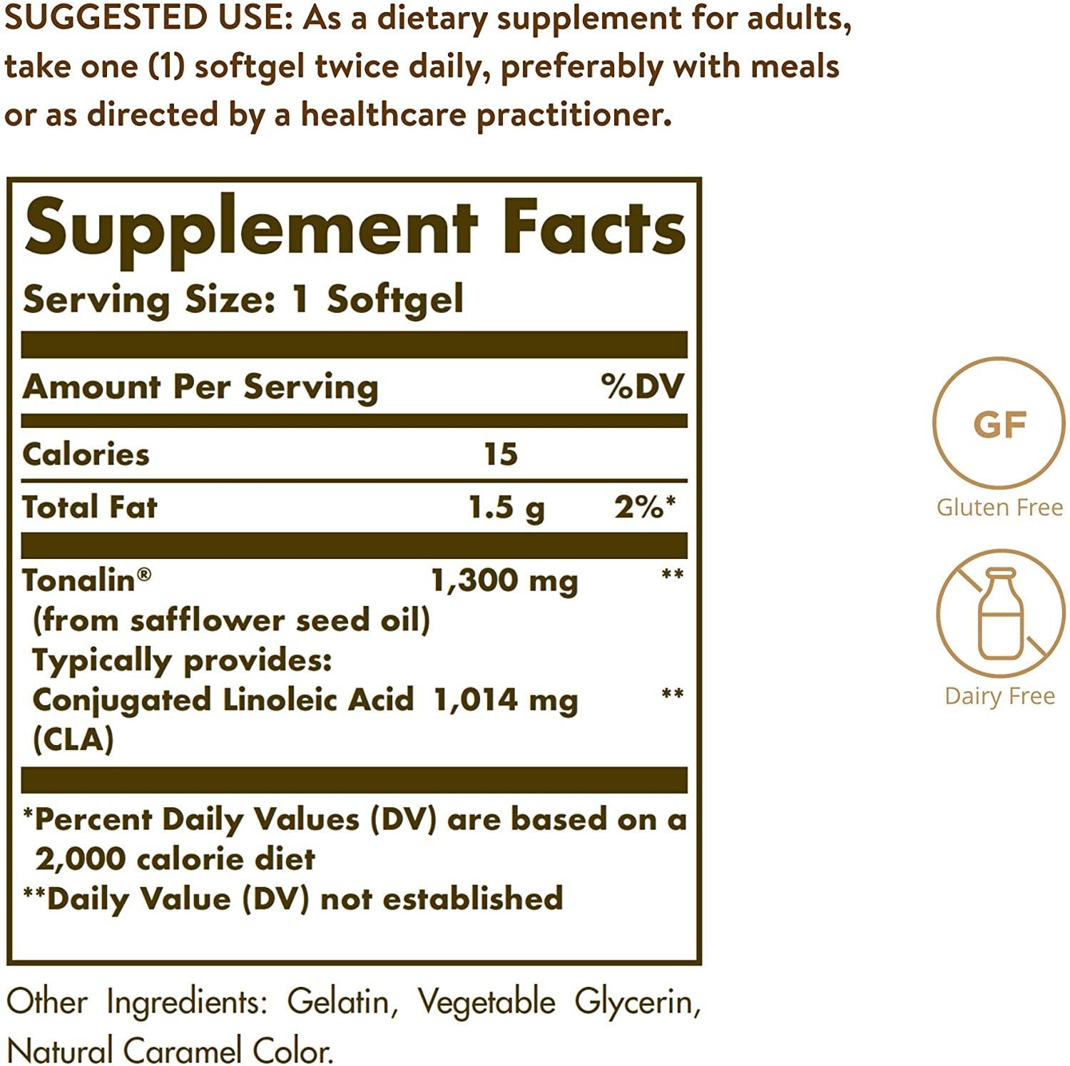 Solgar Tonalin CLA 1300 mg, 60 Softgels - Essential Omega-6 Fatty Acid - Derived from Non-GMO Safflower Seed Oil - Gluten Free, Dairy Free - 60 Servings