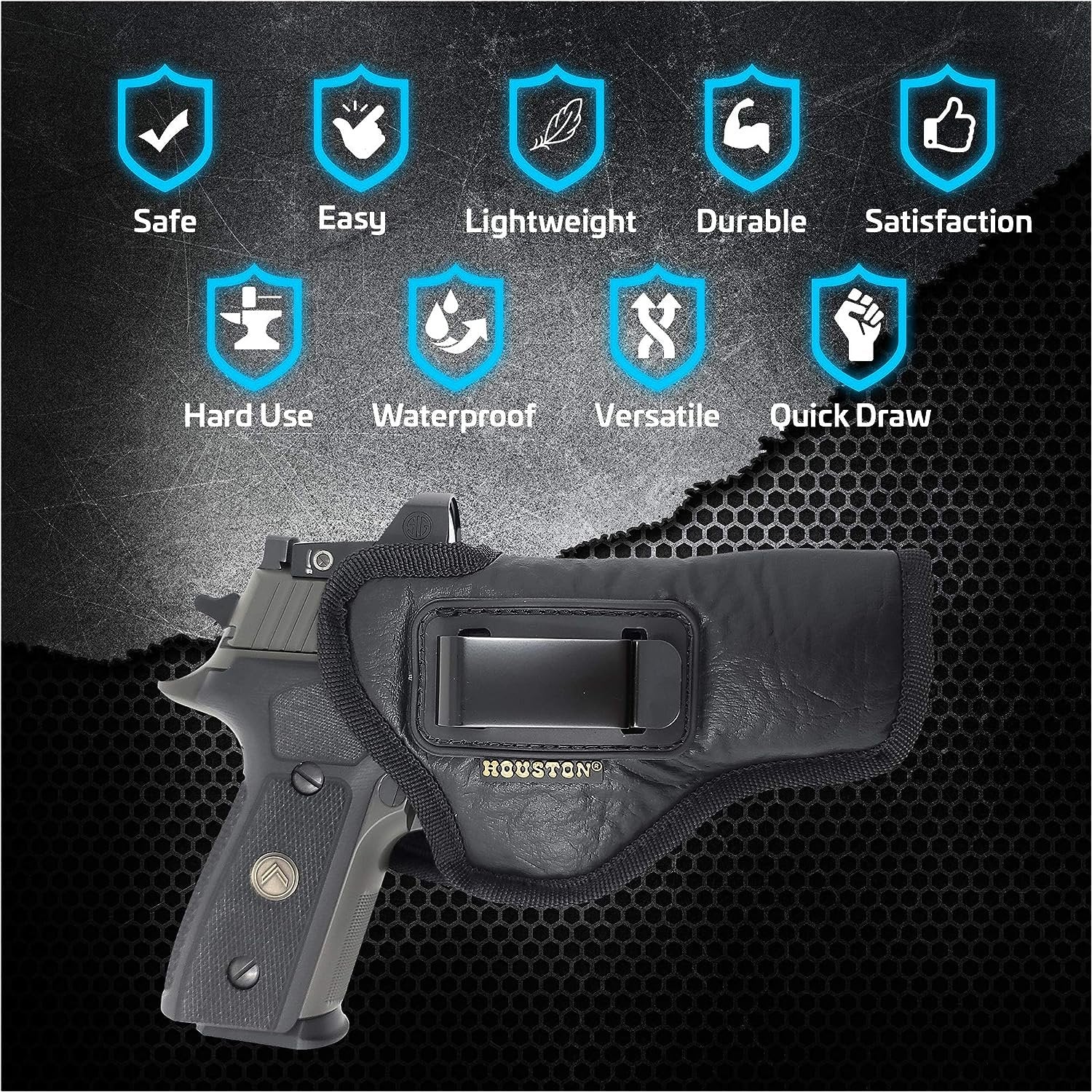 IWB Optical Gun Holster by Houston - ECO Leather Concealed Carry Soft Material | FITS Beretta 92FS | FN 5.7 | Canik TP9 SFX | RGR 57 | SIG P320 X5 | Beretta APX Target | GLK 34 35 41 (Right) Black
