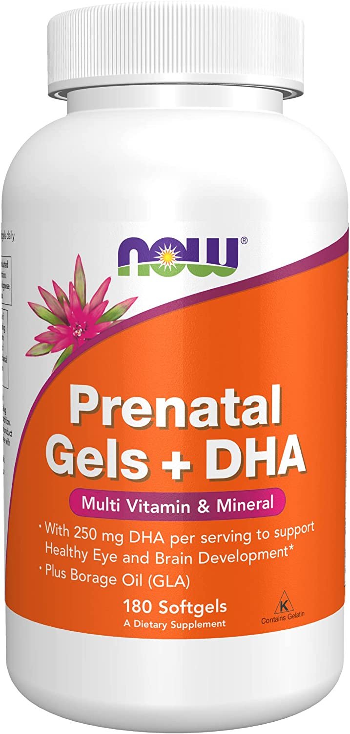 NOW Supplements, Prenatal Gels + DHA with 250 mg DHA per serving, plus Borage Oil (GLA), 180 Softgels