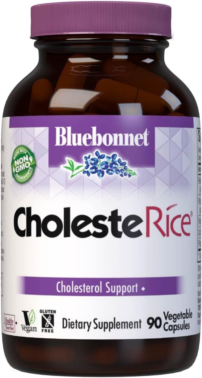 Bluebonnet Nutrition CholesteRice Vegetable Capsules, Red Yeast Rice, Plant Sterols, Pantethine, CoQ10, Policosanol, Vegan, Vegetarian, Non GMO, Gluten Free, Milk Free, SOY-FREE, 90 Vegetable Capsules