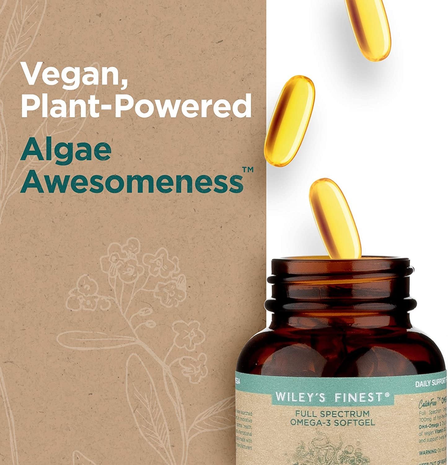 Wiley's Finest CatchFree Vegan Omega 3 Supplement, Organic Plant-Based Algae Oil DHA + EPA Fatty Acids, Fish Oil Alternative, Supports Heart, Brain, Joint Health, Vegetarian, Non-GMO, 60 Softgels