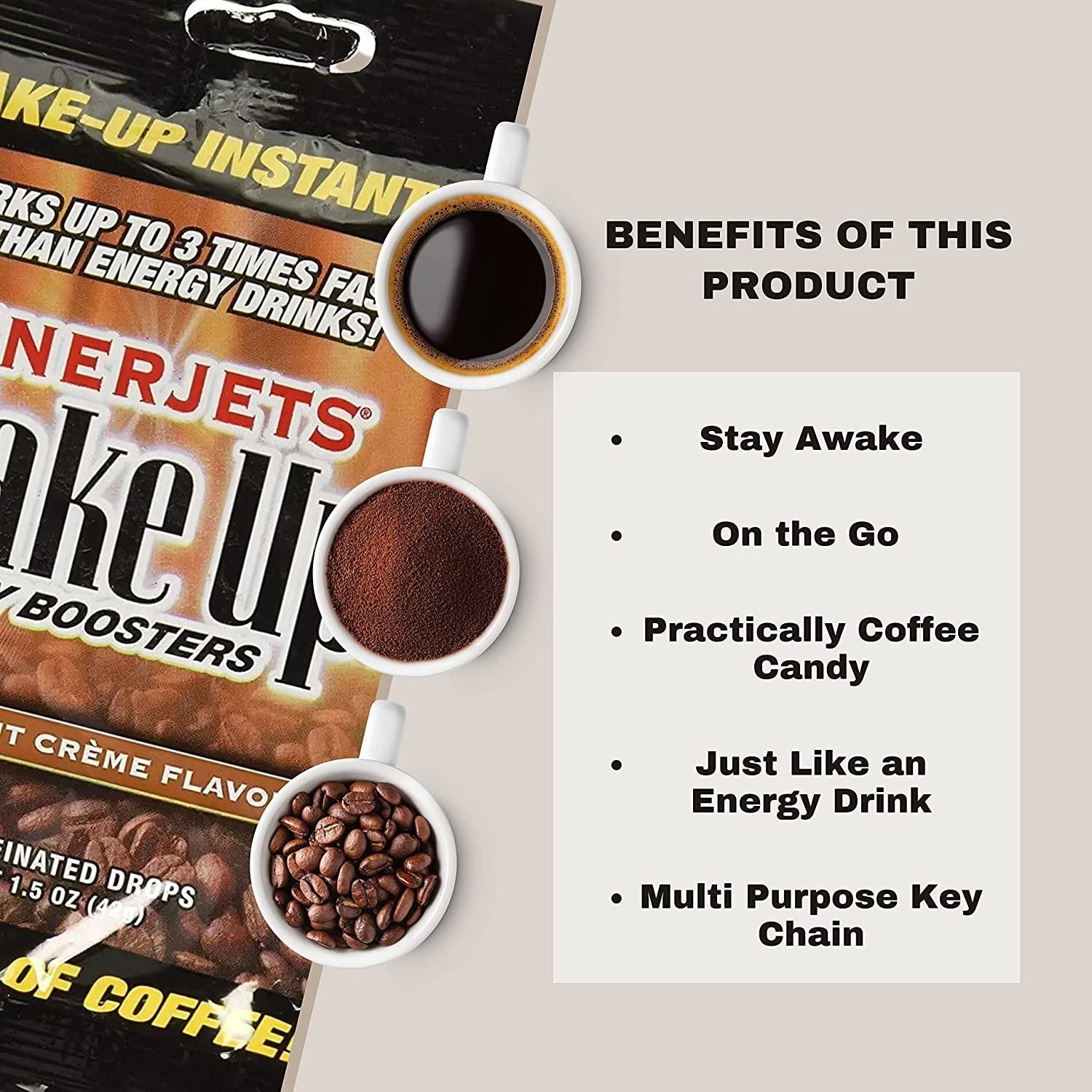 Enerjets Wake Up Energy Booster Caffeinated Drops - Instant Coffee Energy Supplements - Hazelnut Creme Flavor - Pack of 3, 12 Drops Per Package with Keychain