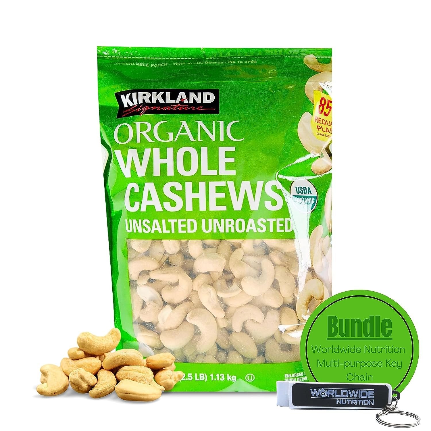 Kirkland Signature Organic Whole Cashews Unsalted Unroasted - Perfect for Snacking, Cooking, and Gifting - 40 oz with Multi-Purpose Keychain