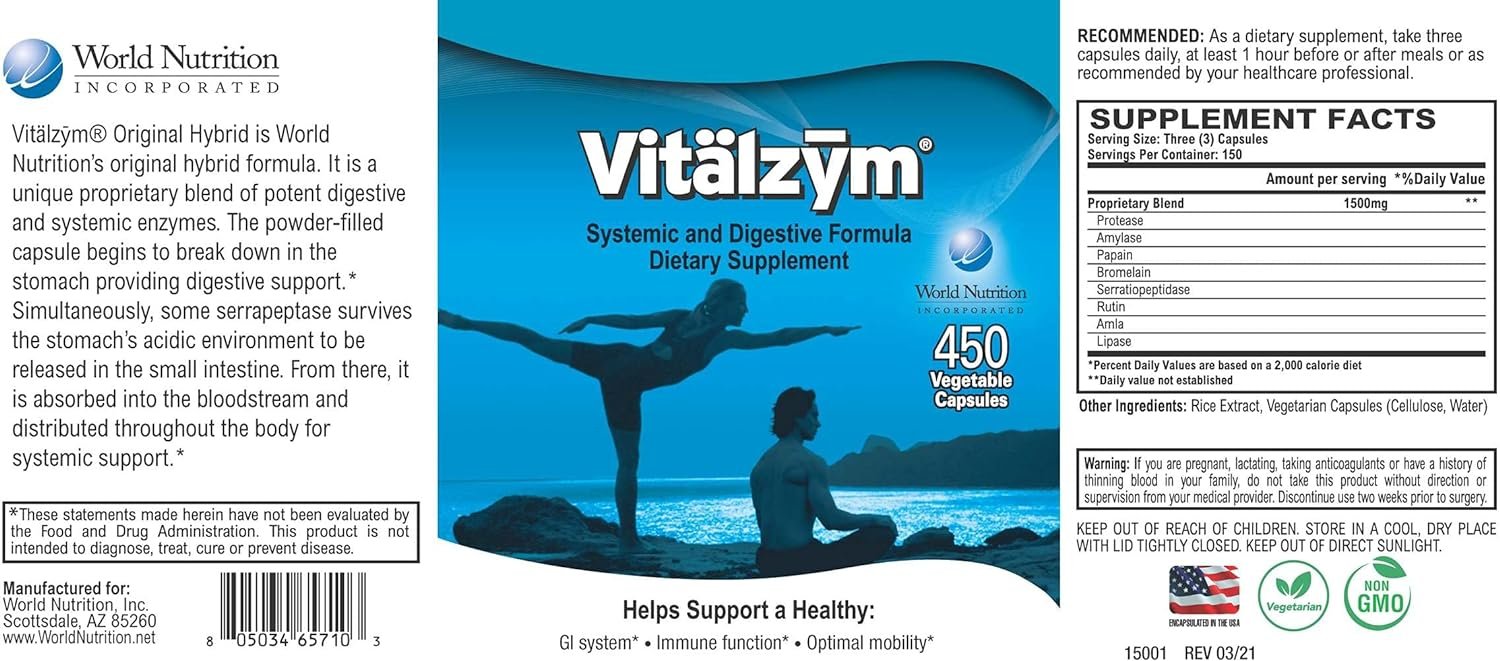 VITÄLZYM Original Proteolytic Systemic Digestive Enzyme Formula Serrapeptase Source | Immune and Joint Support Increase Blood Flow Cardio Function | Healthy Men Women (450 Capsules)
