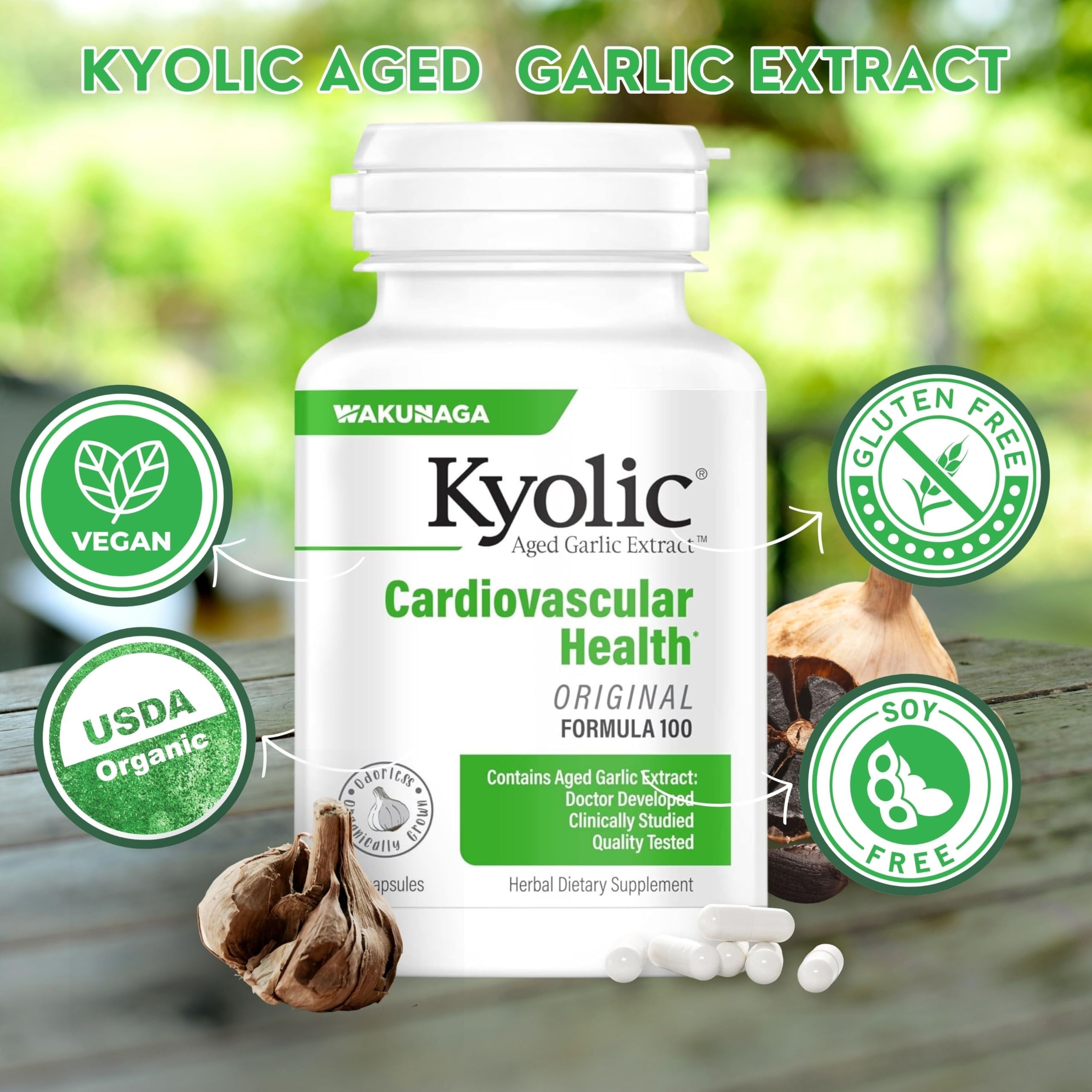 Kyolic Aged Garlic Extract Formula 100, Original Cardiovascular, 100 Capsules and Keychain (Packaging May Vary)
