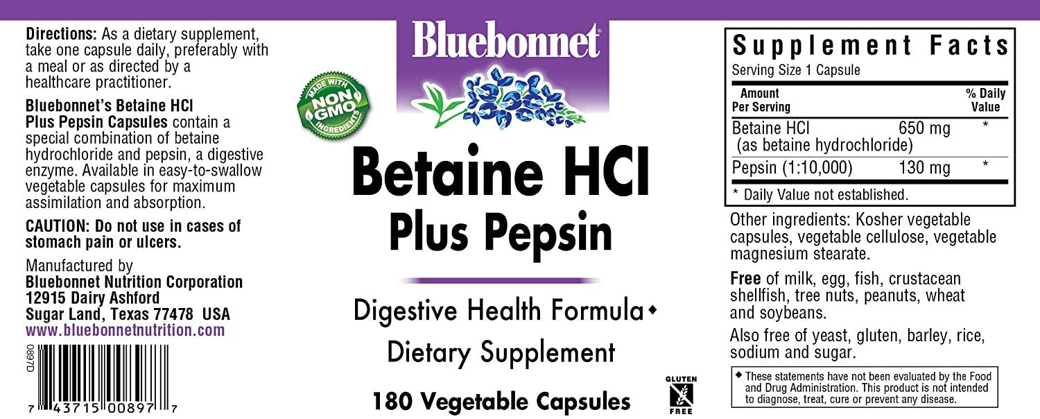 BlueBonnet Betaine HCI Plus Pepsin Vegetarian Capsules, 180 Count, White (743715008977)