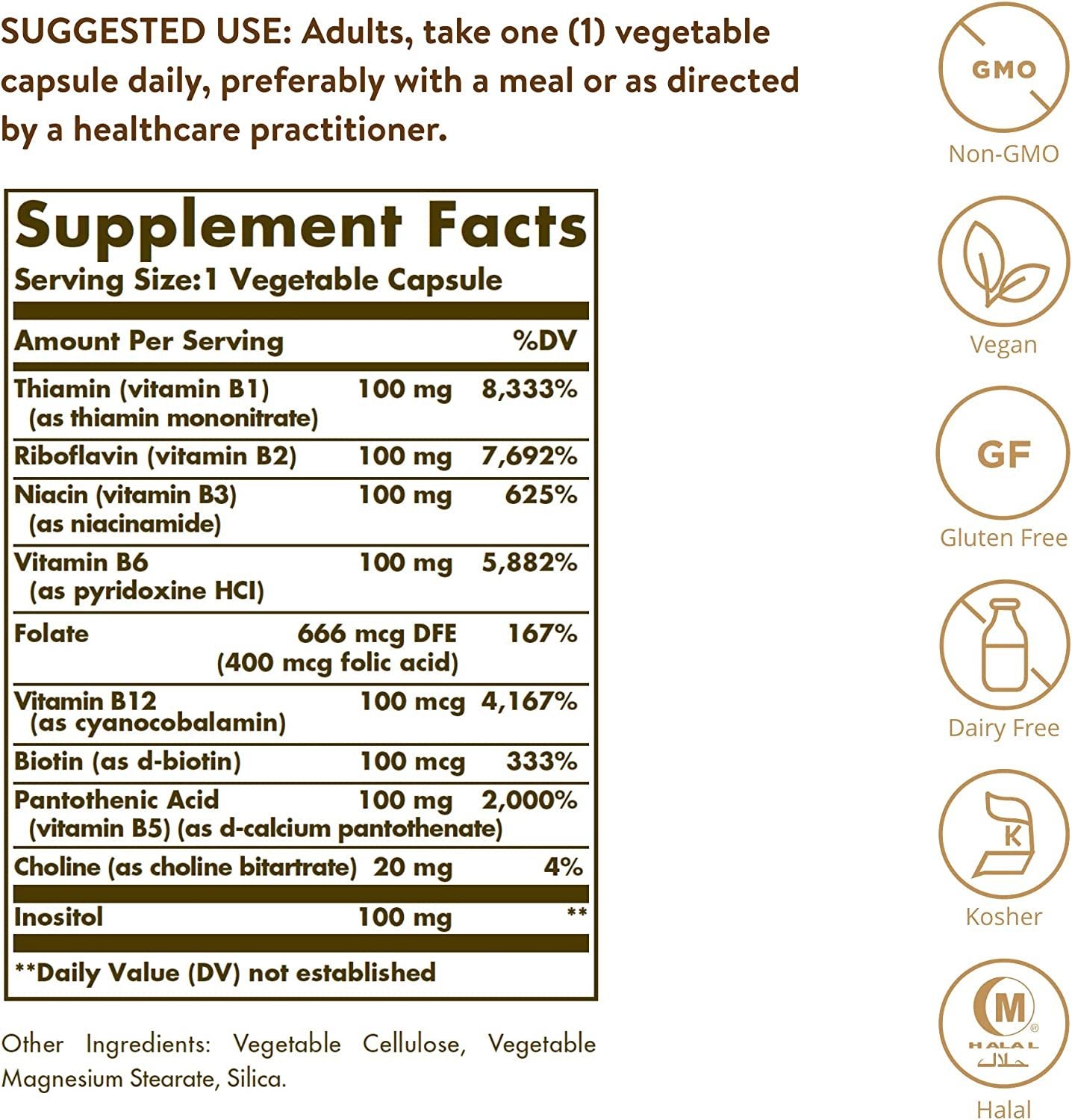 Solgar B-Complex "100" - Heart, Nervous System, Energy Metabolism - 250 ct