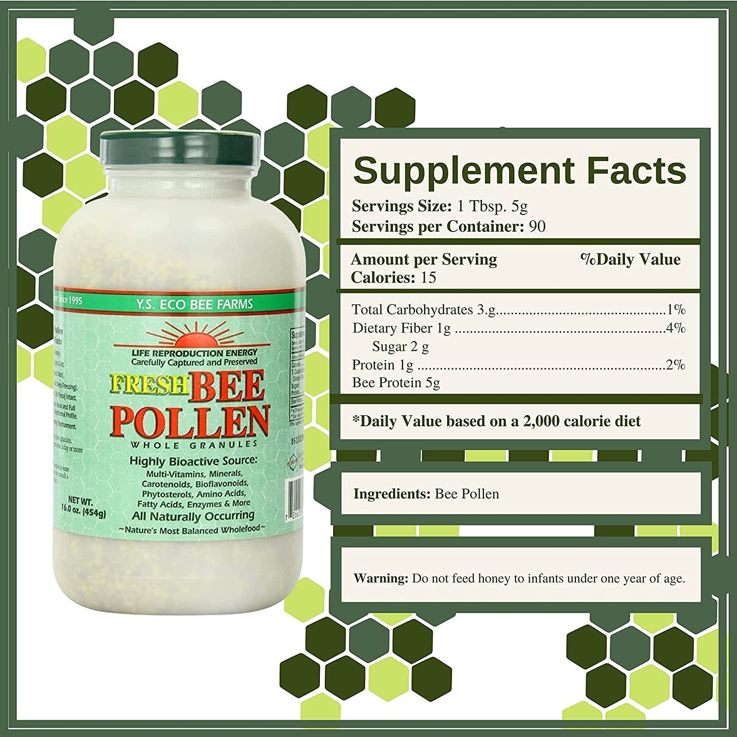 Y.S. Eco Bee Farms 100% Pure, Wild Crafted Bee Pollen Granules - Organic Bee Pollen Vitamin Supplements - Amino Acids, Organic Protein, Vitamin C, Vitamin B12 - Gluten Free - 16 oz w Bonus Key Chain