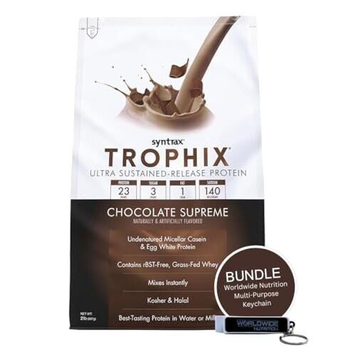 Syntrax Bundle, 2 Items: Trophix Undenatured Casein Protein - Instant Mix Whey Protein & Egg White Protein Powder and Worldwide Nutrition Keychain