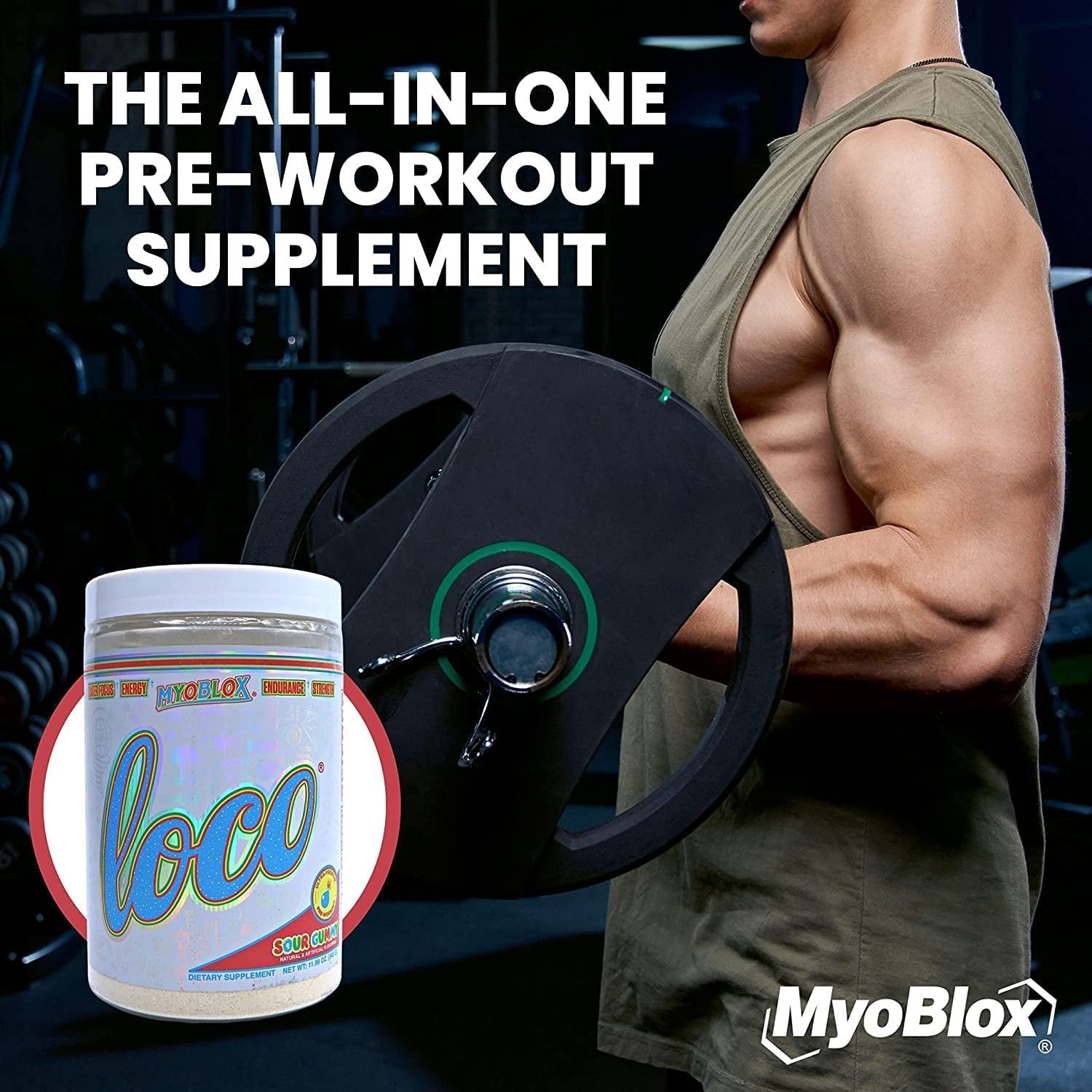 Worldwide Nutrition MyoBlox Loco Sour Gummy Pre Workout - Preworkout for Men & Women | Workout Energy Drink for Energy, Focus, & Intensity | 40 Servings of Sports Nutrition w Multi Purpose Key Chain