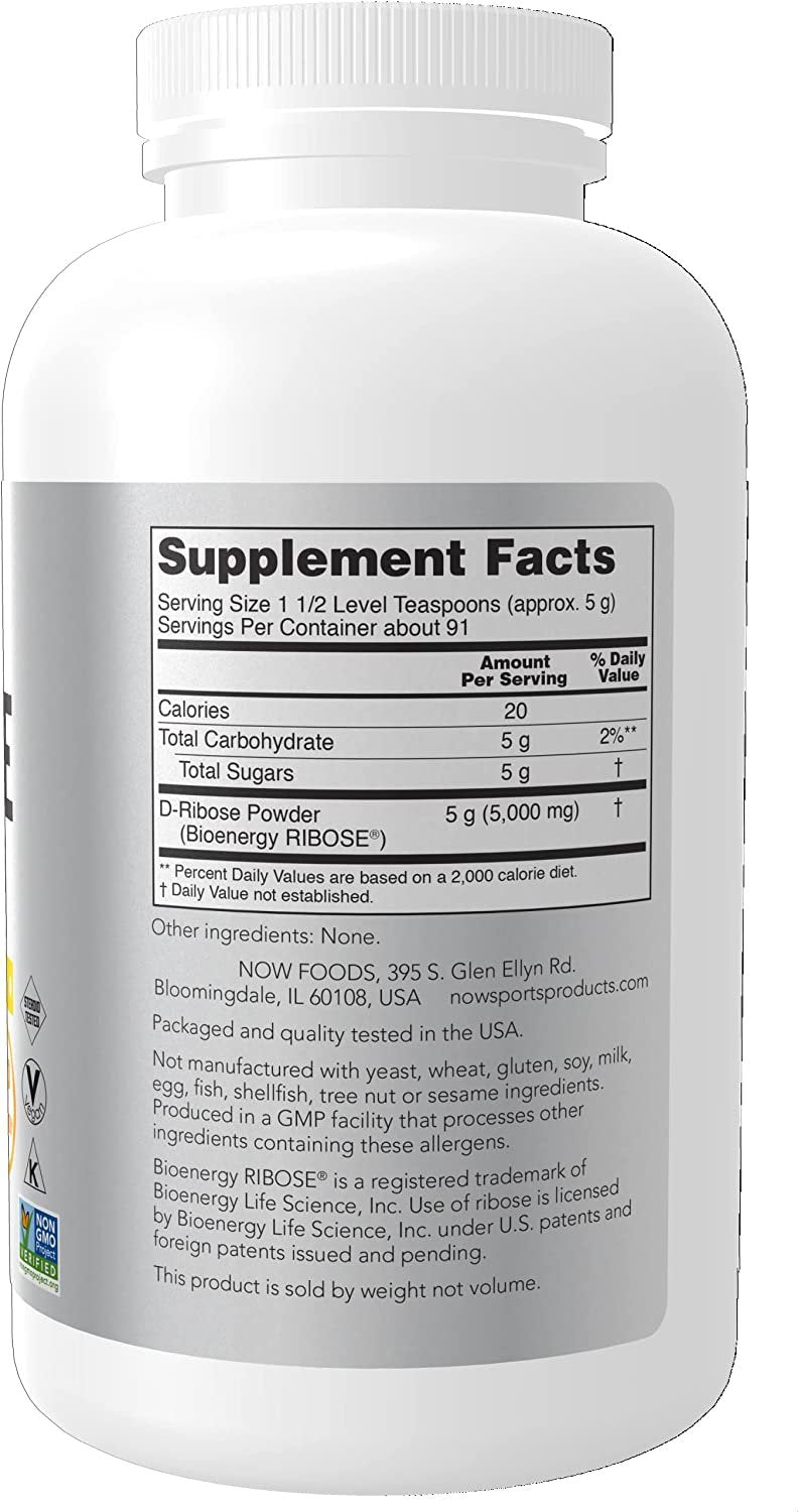 NOW Sports Nutrition, D-Ribose Powder 5000 mg, Certified Non-GMO, Energy Production*, 16-Ounce