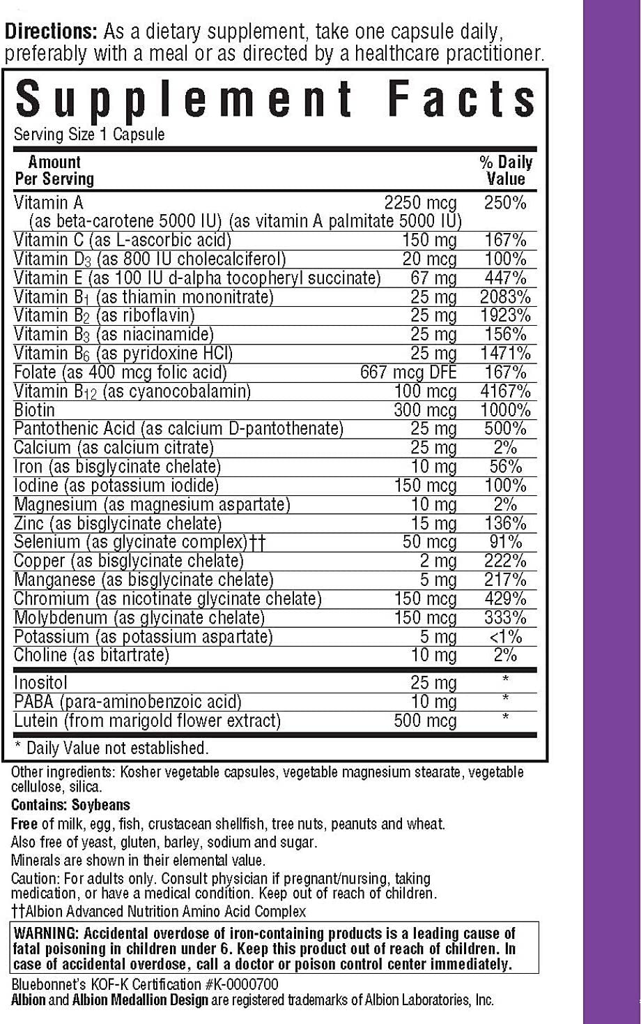 Bluebonnet Nutrition Multi One (with Iron) Vegetable Capsules, Complete Full Spectrum Multiple Vitamin Supplement, B Vitamins, Gluten Free, Milk Free, Kosher, 90 Vegetable Capsules, 3 Month Supply