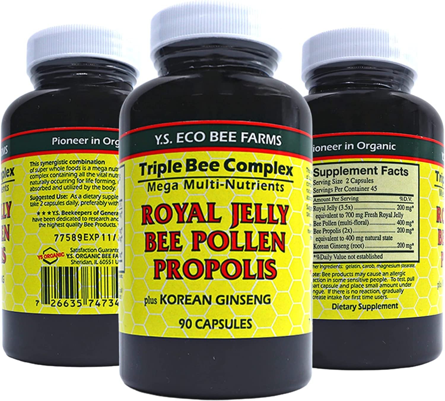 Y.S. Eco Bee Farms Triple Bee Complex Royal Jelly Bee Pollen Propolis Plus Korean Ginseng - Health and Wellness Organic Bee Pollen Supplement - 90 Ct with Worldwide Nutrition Multi Purpose Key Chain