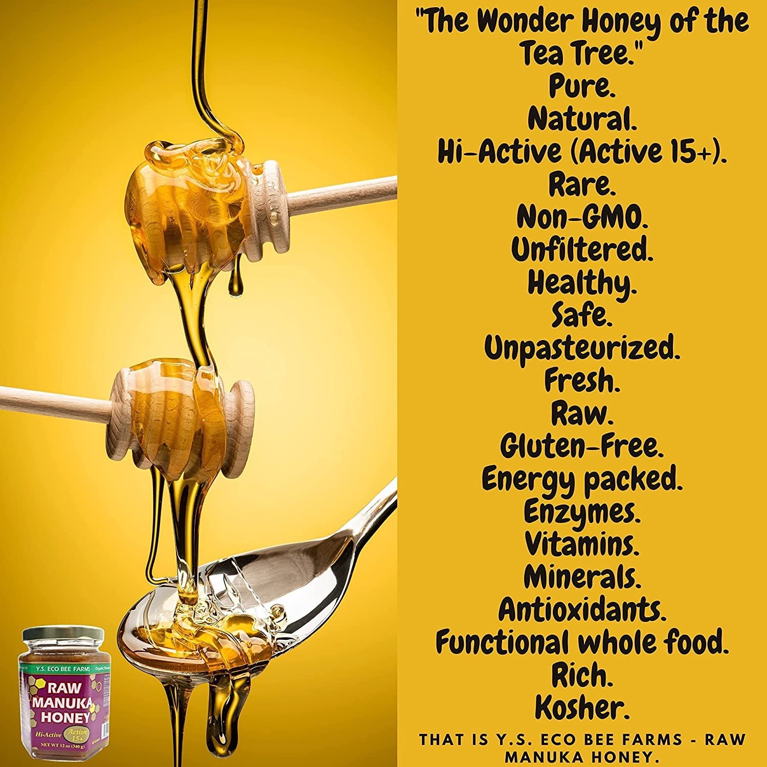 Y.S. Eco Bee Farms, 100% Certified Raw Manuka Honey, Hi-Active, Active 15plus, Unpasteurized, Unfiltered, Rare, Exotic, Raw, Kosher, Gluten Free, "The Wonder Honey Of The Tea Tree", 12 Oz - 4 Jars