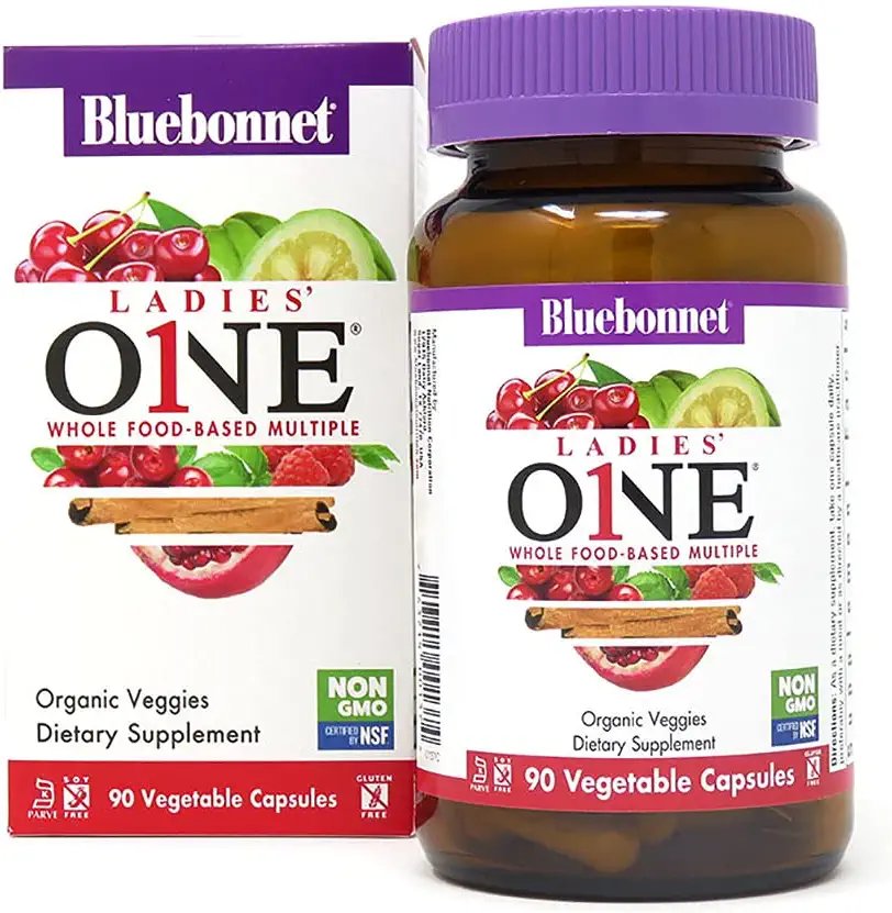 Bluebonnet Nutrition Ladies One Vegetable Capsule, Whole Food Multiple, K2, Organic Vegetable, Energy, Vitality, Non-GMO, Gluten Free, Soy Free, Milk Free, Kosher, 90 Vegetable Capsule, 3 Month Supply