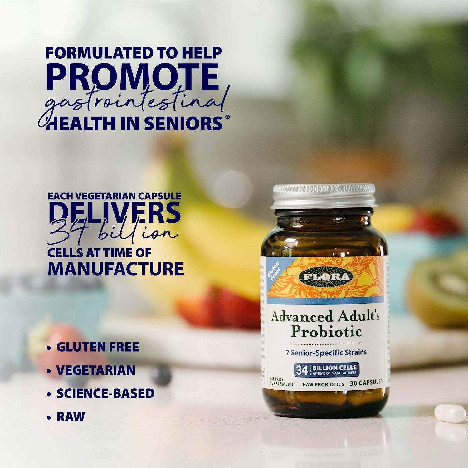 Flora - Advanced Adult's Blend Probiotic, Seven Senior-Specific Strains, Gluten Free, Raw Probiotic with 34 Billion Cells, 60 Capsules