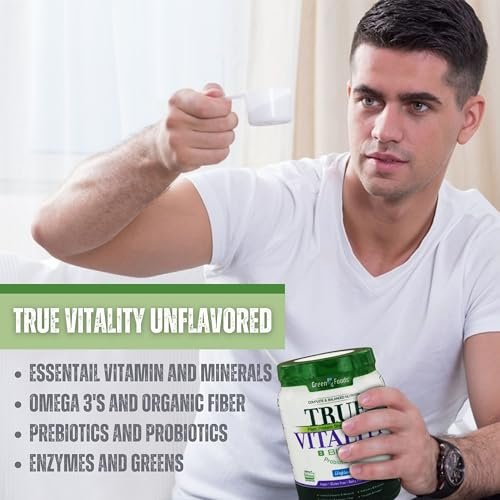 Green Foods True Vitality Plant Protein Shake with DHA Unflavored - 25.2 oz Protein Powder Gluten Free Breakfast Shake Powder and Multi-Purpose Key Chain