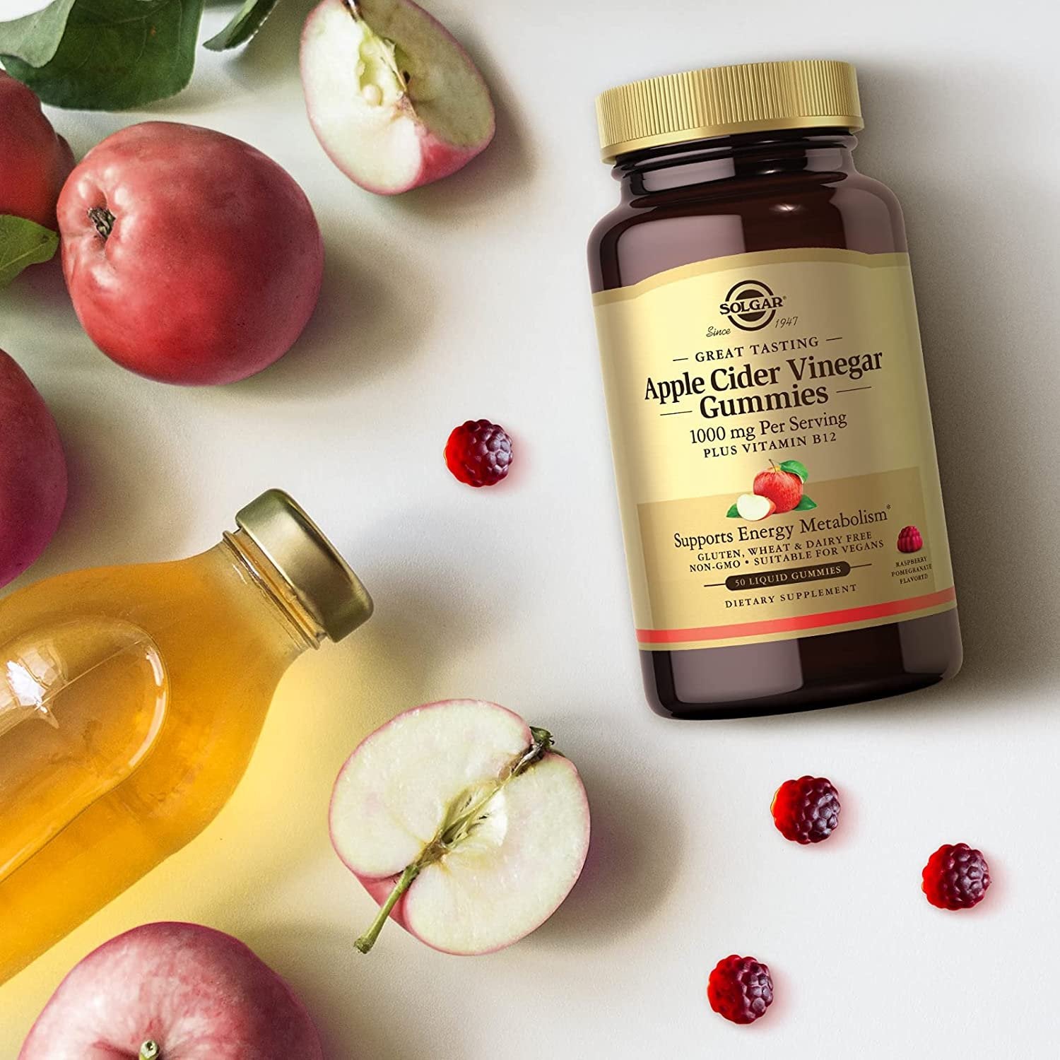 Solgar Apple Cider Vinegar 1000 mg Gummies, Great-Tasting Raspberry Pomegranate Flavor, Plus Vitamin B12, Supports Energy Metabolism, Non-GMO & Vegan, 25 Servings, 50 Count