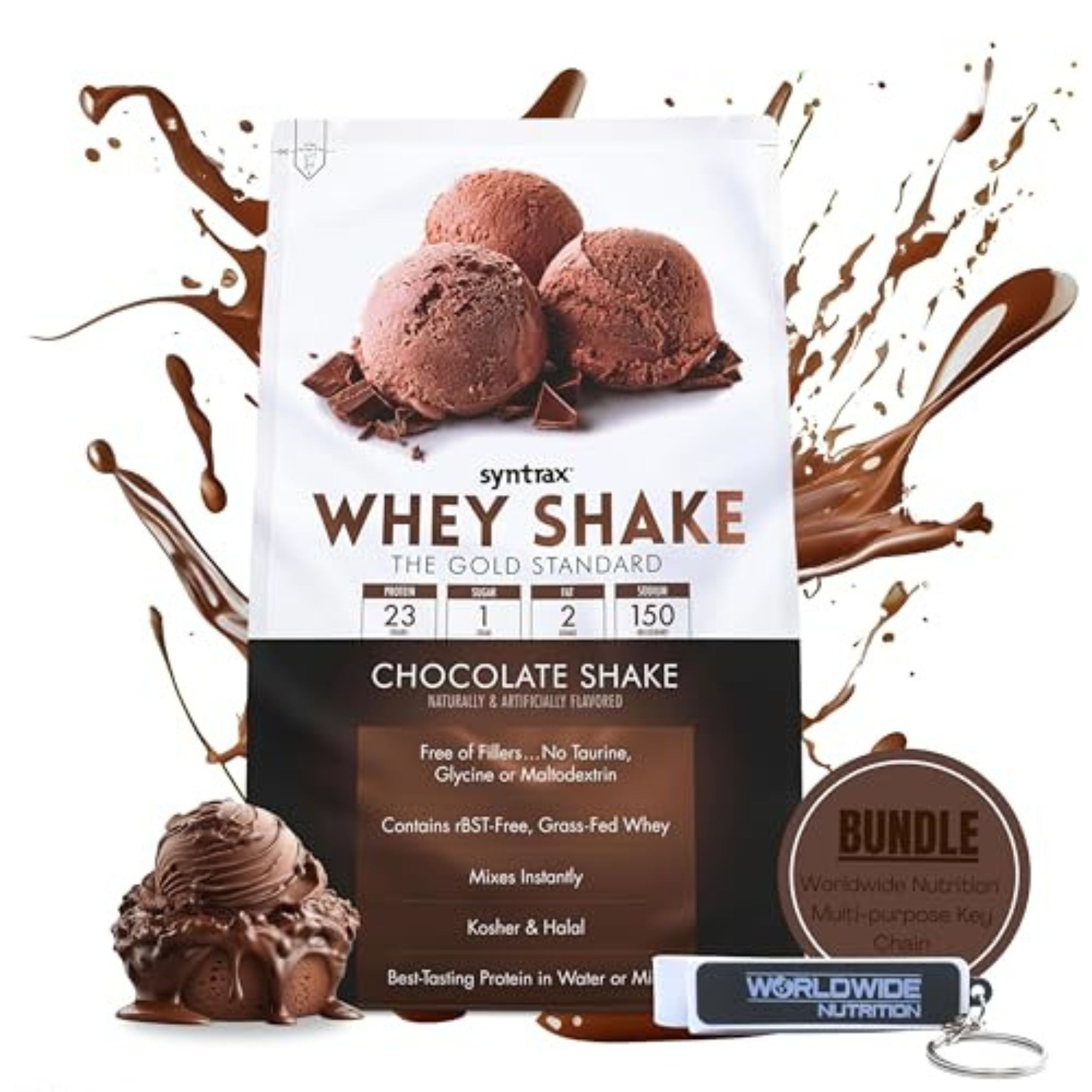 Syntrax Bundle, 2 Items Whey Shake, Native Grass-Fed Wholesome Denatured Whey Protein Concentrate with Glutamine Peptides, Chocolate Shake, 2 Pounds with Worldwide Nutrition Keychain