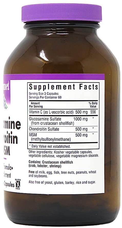 Bluebonnet Nutrition Glucosamine Chondroitin Plus MSM, Glucosamine, Chondroitin Sulfate, Vitamin C & OptiMSM, Bone & Joint Health, Non GMO, Gluten Free, Soy Free, Milk Free, 180 Vegetable Capsules