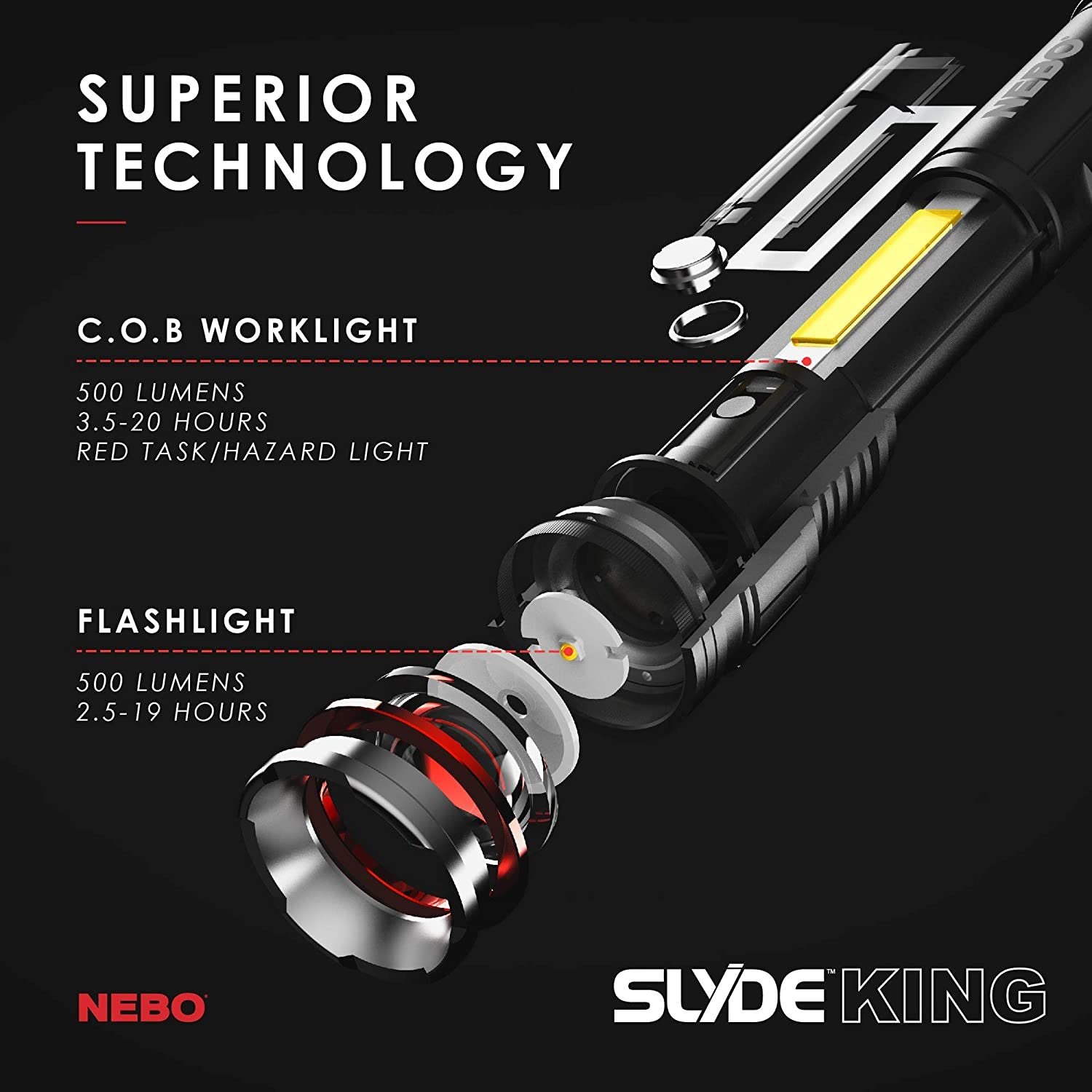500 Lumen COB LED Work-Light and Flashlight, Red Light Mode and Red Flashing Light Mode, 4x Adjustable Zoom, Magnetic Base, No Need to Buy Batteries SLYDE KING is Rechargeable - NEBO 6726 Slyde King