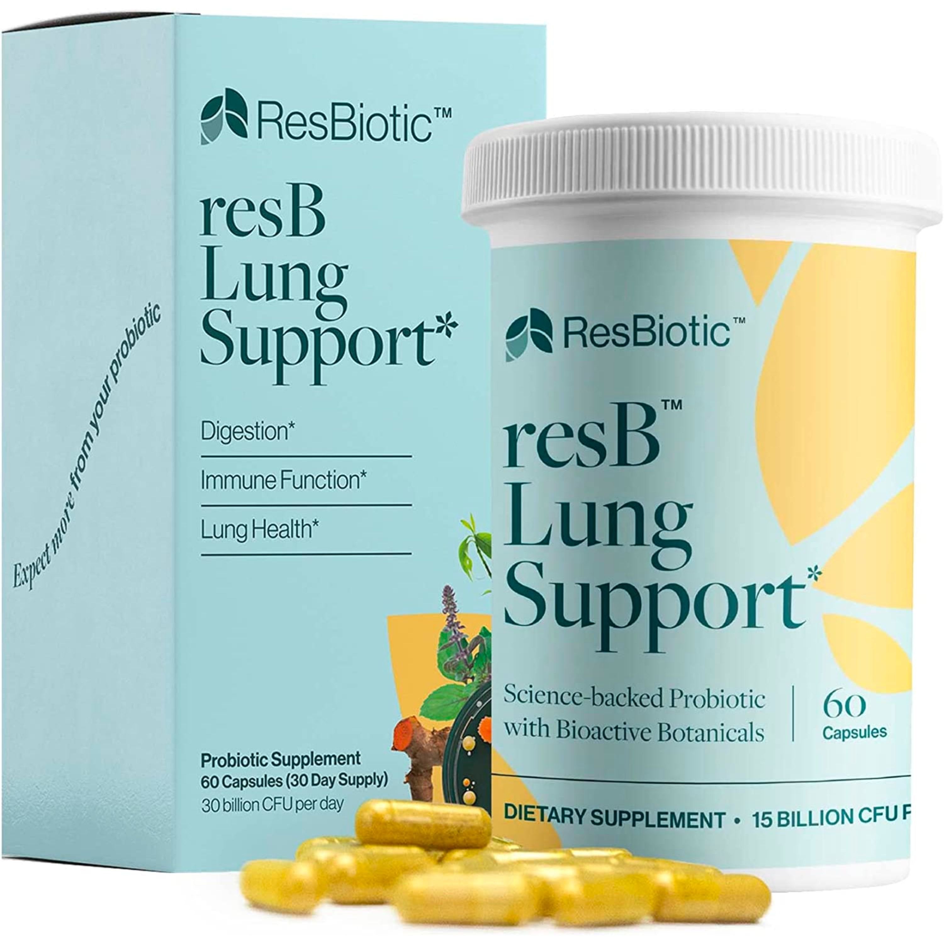 ResBiotic resB Lung Support – Probiotics for Lung Health for Women & Men – Doctor Formulated, Science Backed, Supports Digestion, Immune Function, and Lung Health with Bioactive Botanicals – 60 Capsules per Bottle